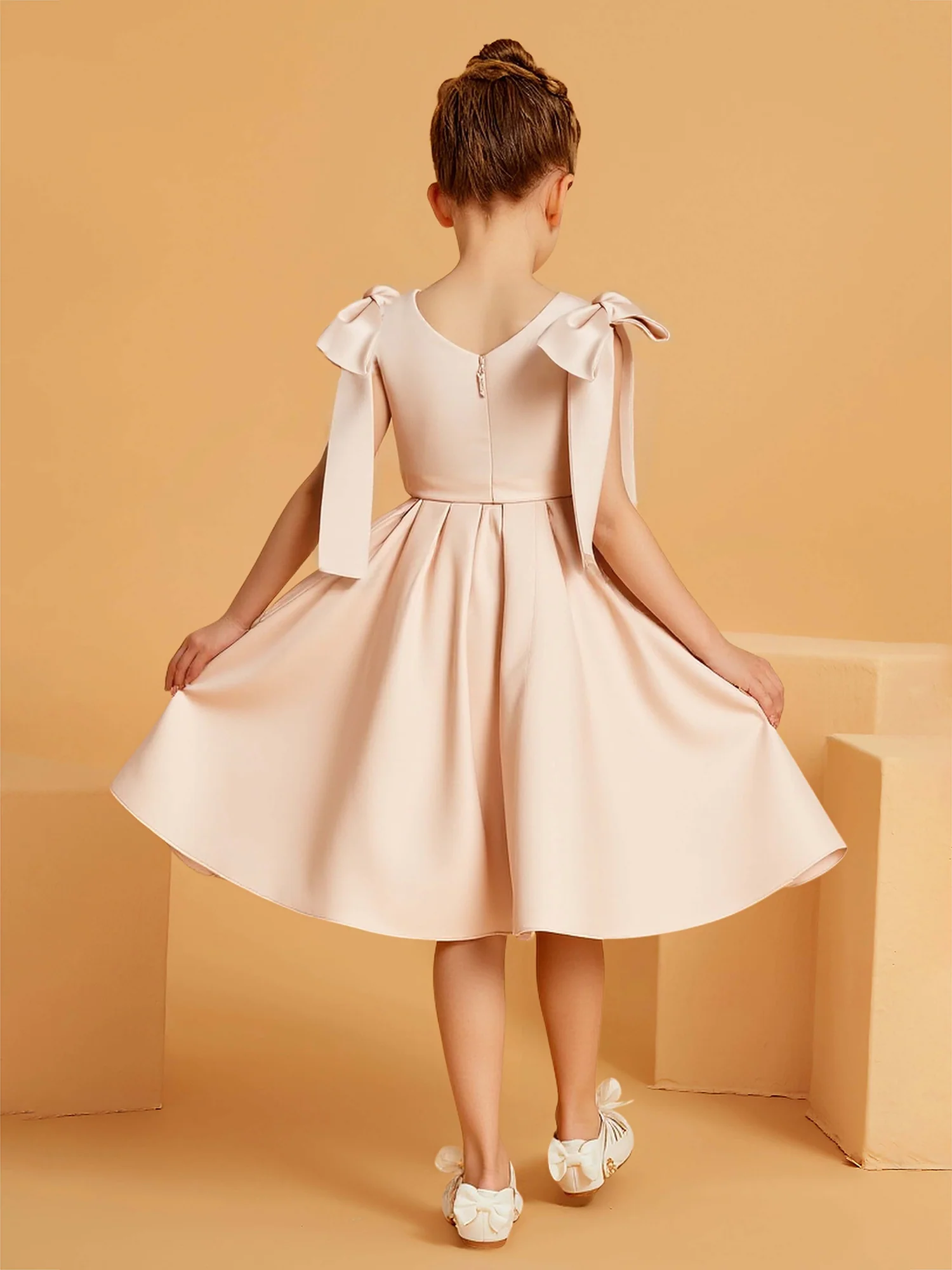 Adorable V-Neck Bow Straps Satin Flower Girl Dress Pearl Pink - Image 2