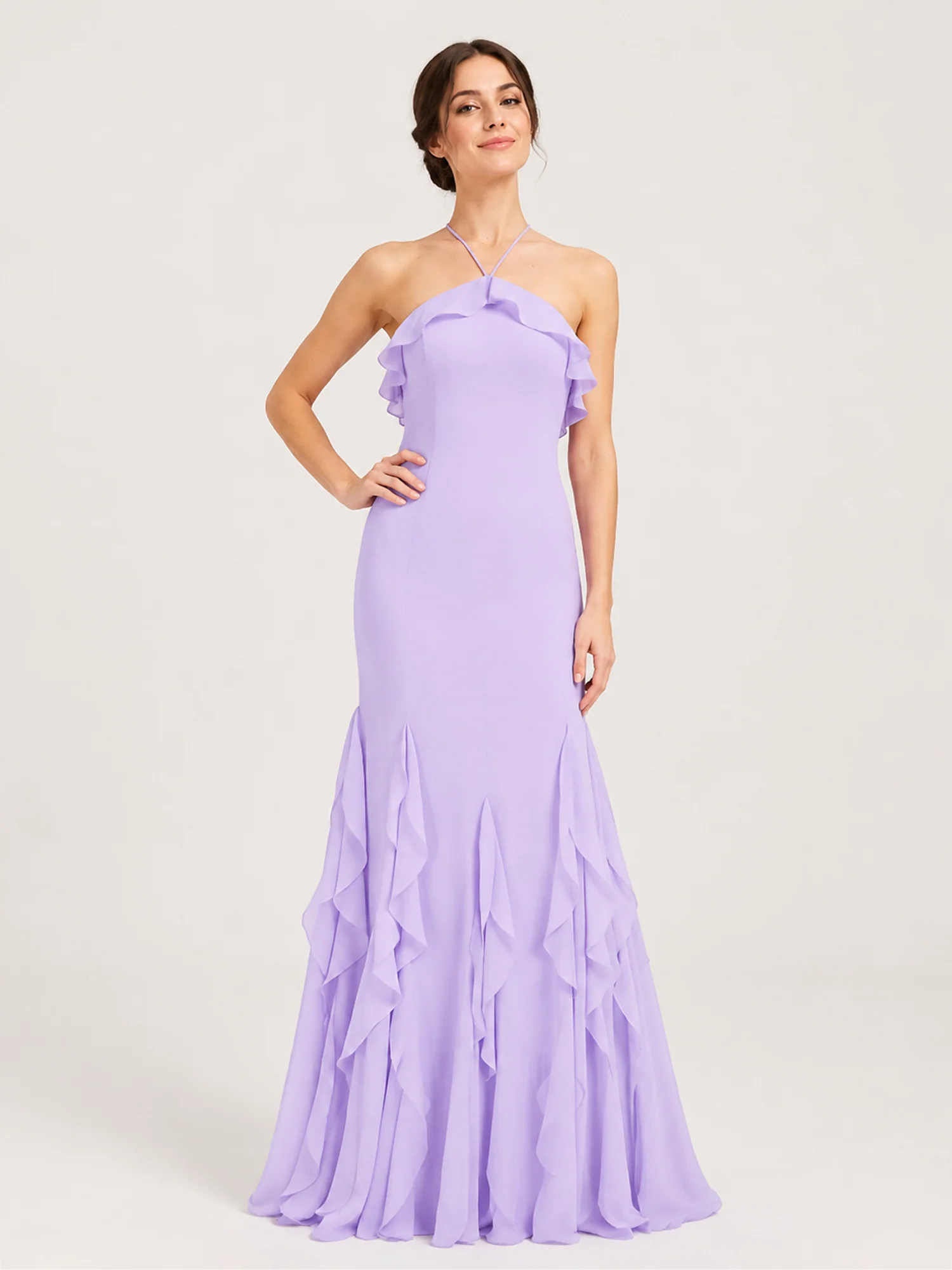 Criss-Cross Lace-Up Back Chiffon Dress with Ruffles Lilac