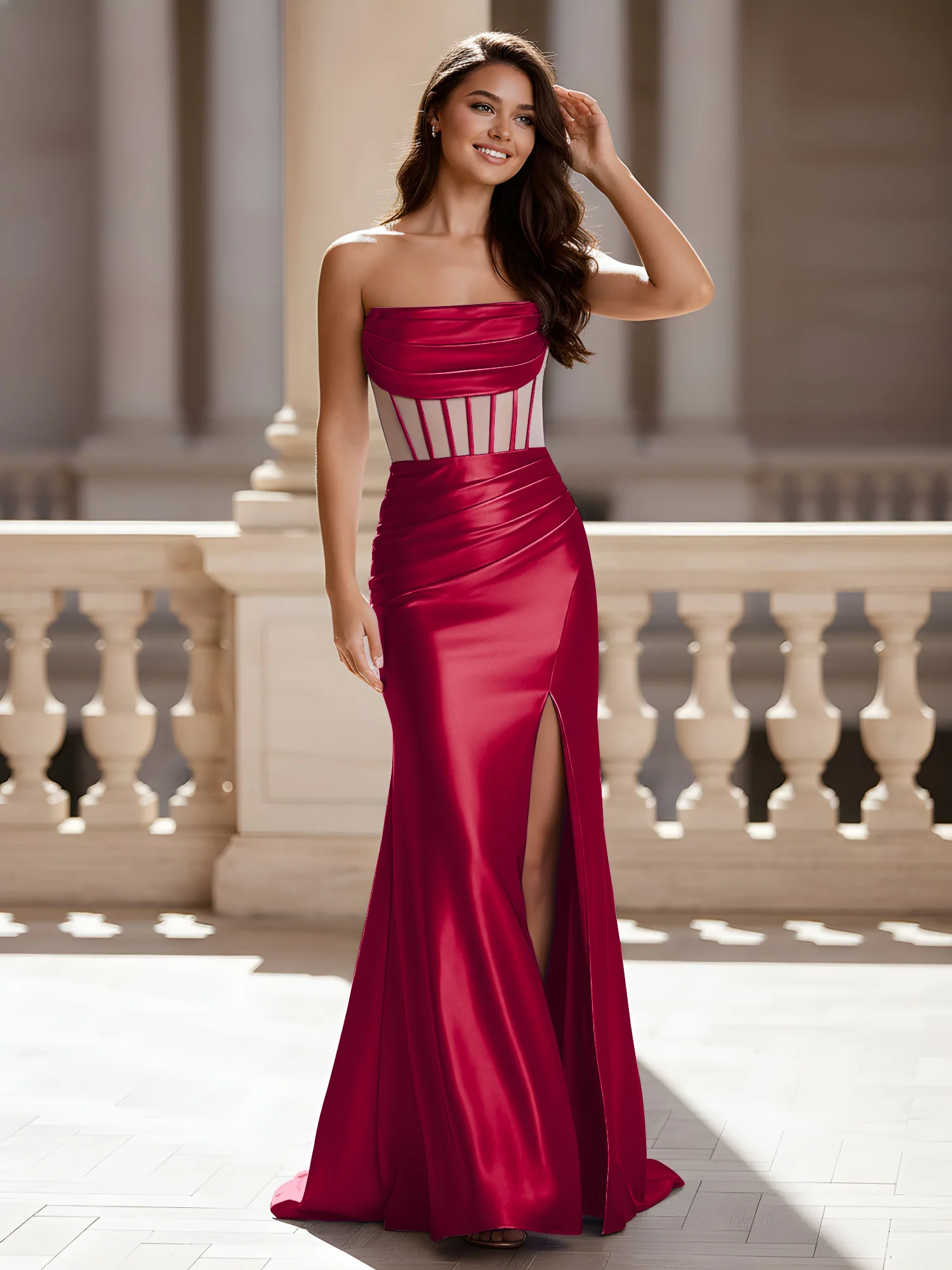 Strapless Sheer Corset Ruched Gown With Slit Burgundy