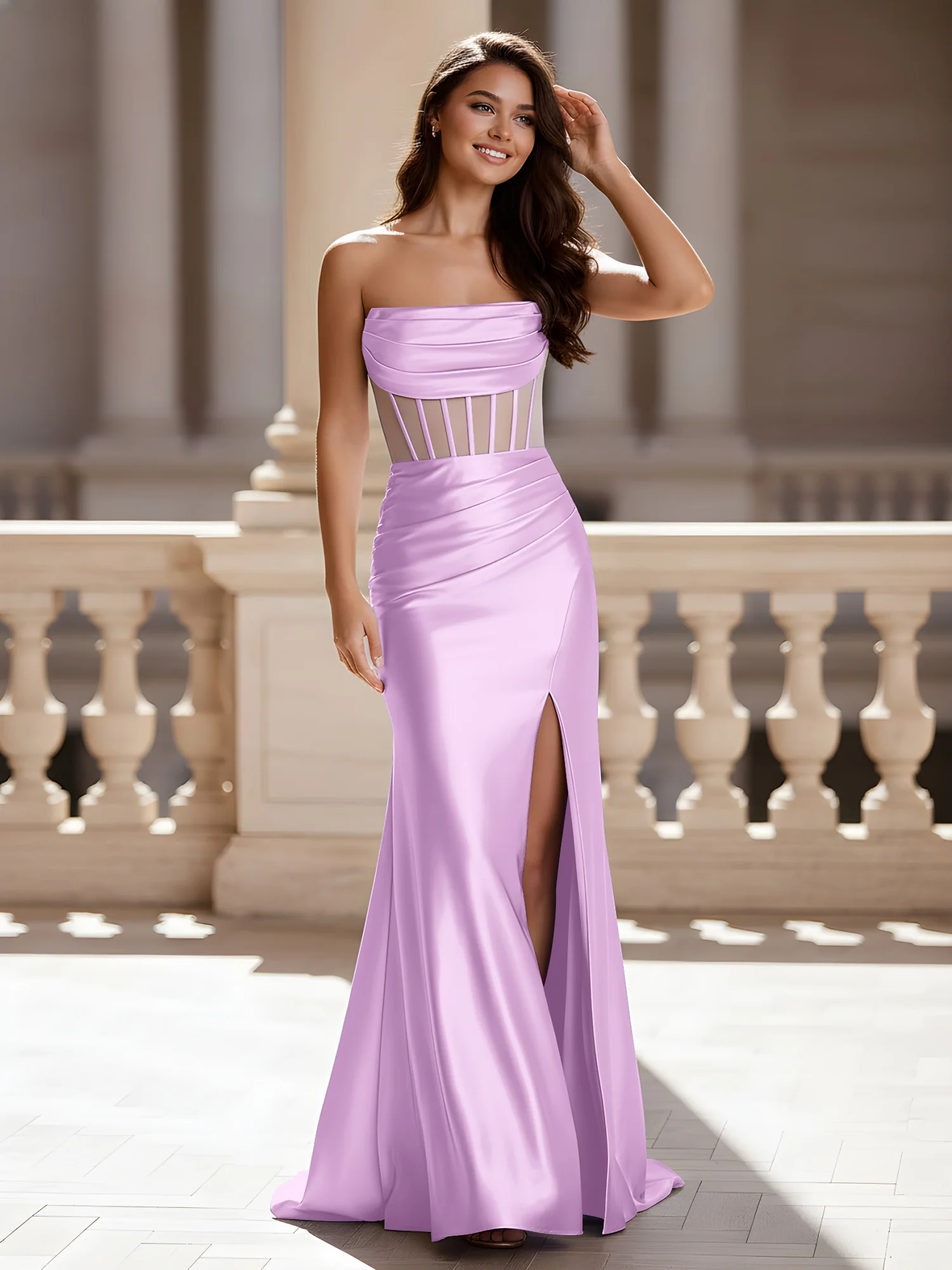 Strapless Sheer Corset Ruched Gown With Slit Lilac