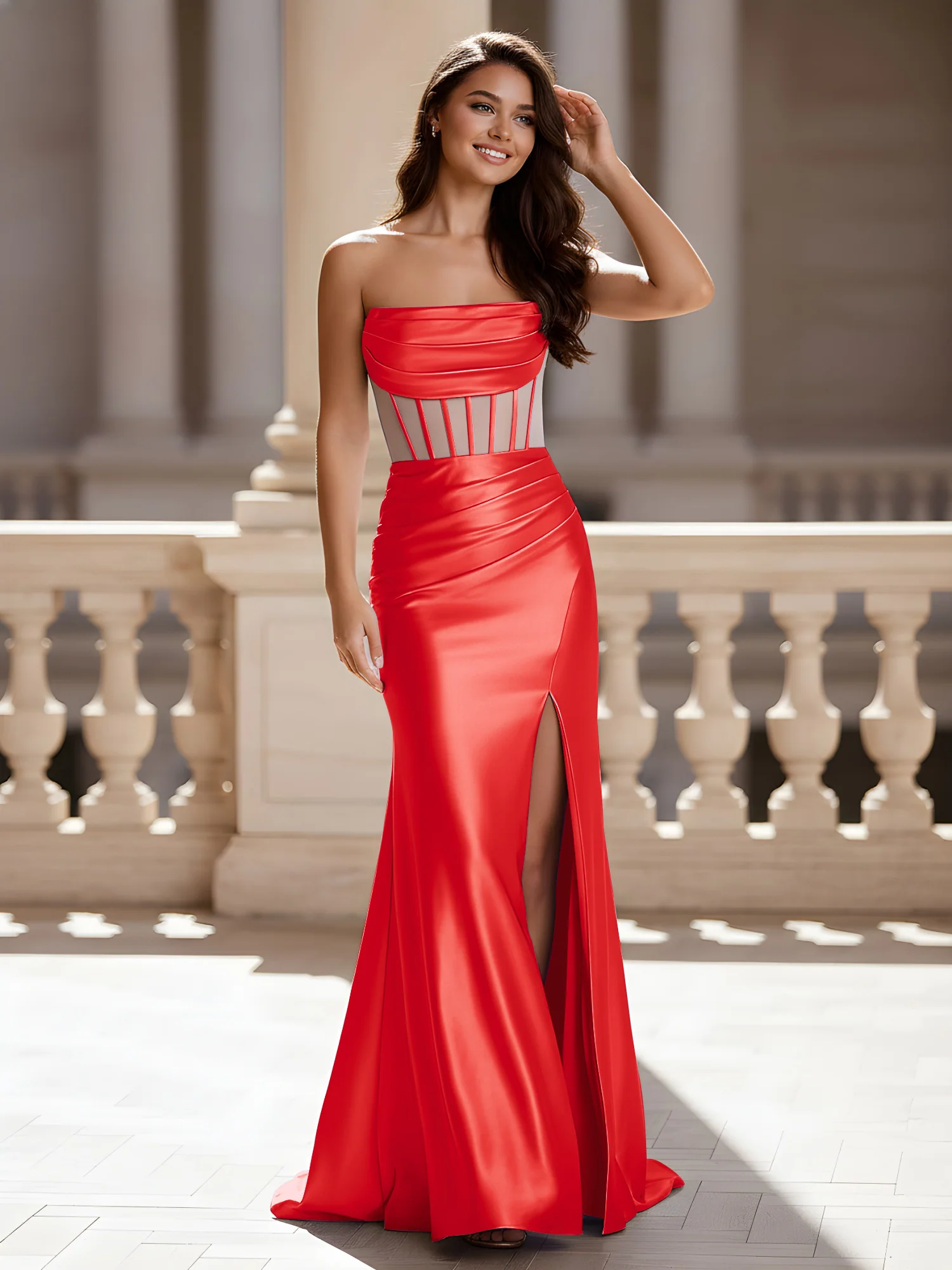 Strapless Sheer Corset Ruched Gown With Slit Red
