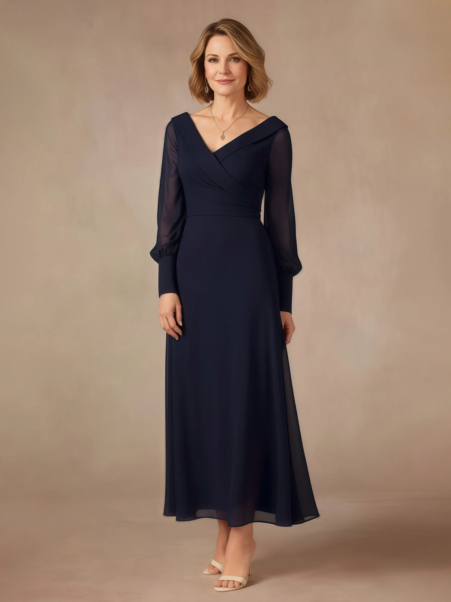 A-Line V-neck Long Sleeves Chiffon Dress Plum