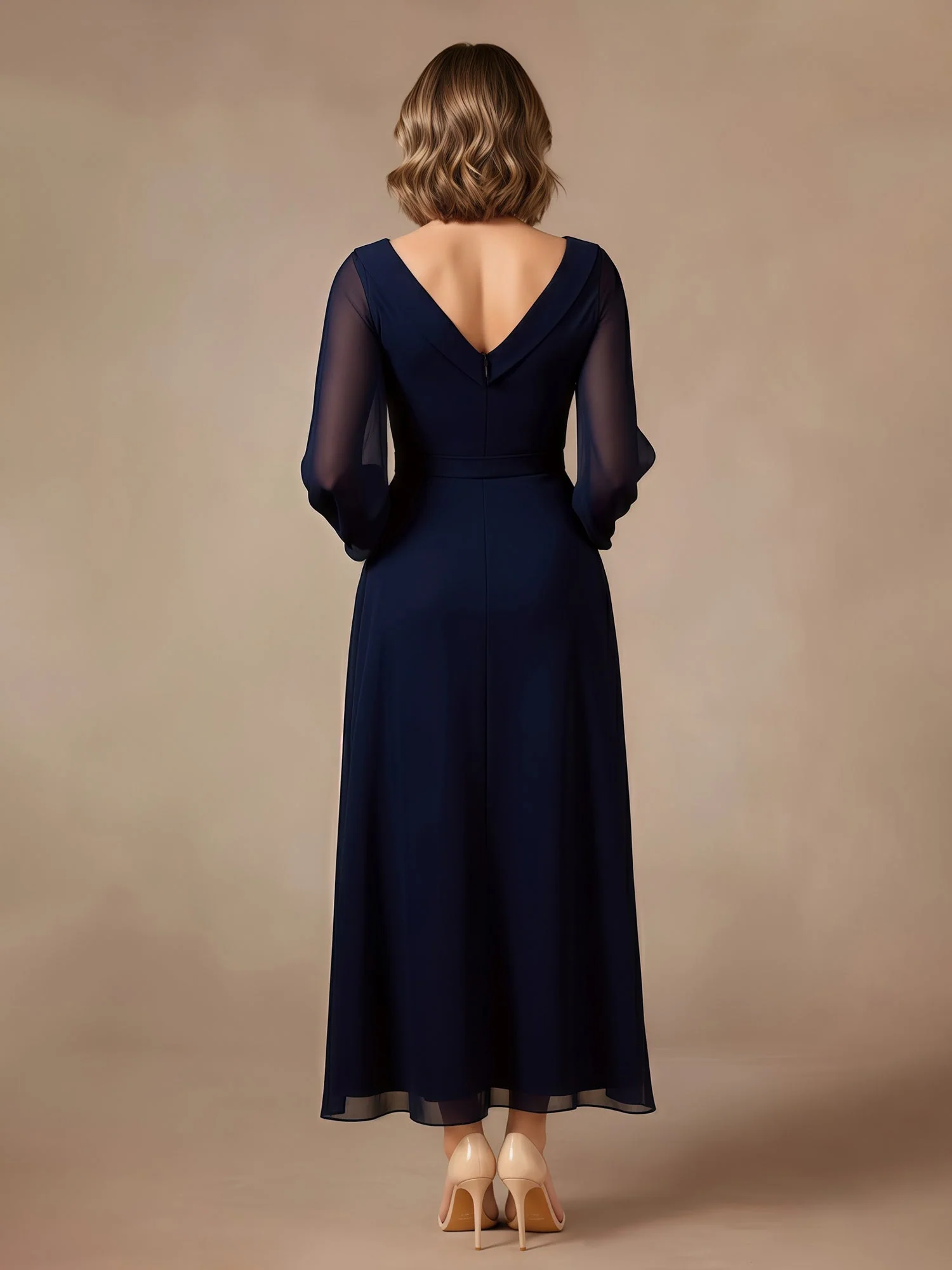 A-Line V-neck Long Sleeves Chiffon Dress Taupe - Image 2