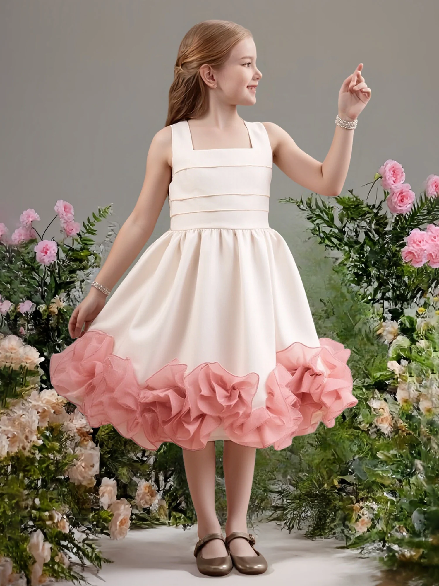 Sleeveless Square Neck Floral Hem Flower Girl Dress As Picture