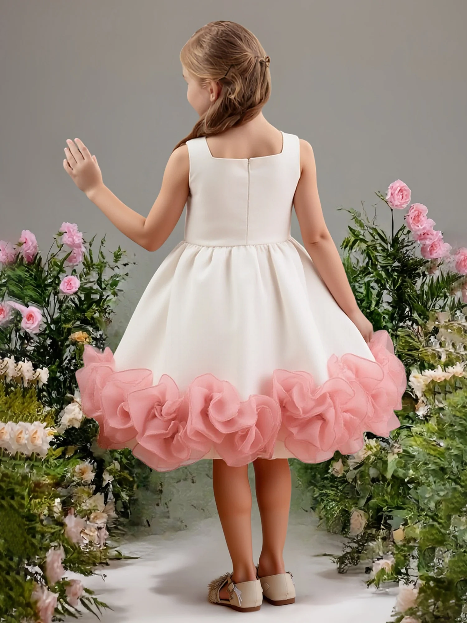 Sleeveless Square Neck Floral Hem Flower Girl Dress As Picture - Image 2