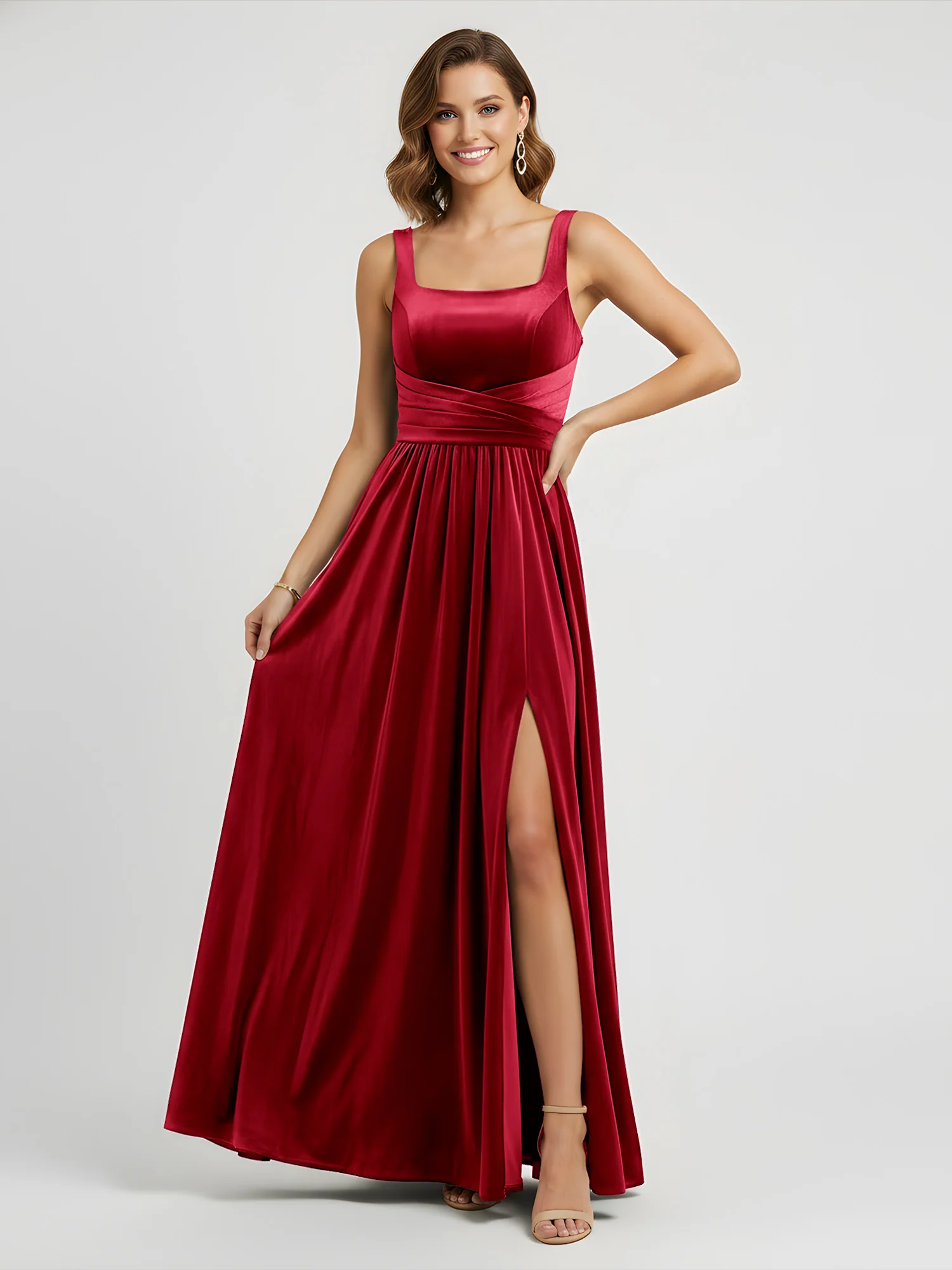 Wide Strap Velvet Pleated Waist Maxi Dress Burgundy