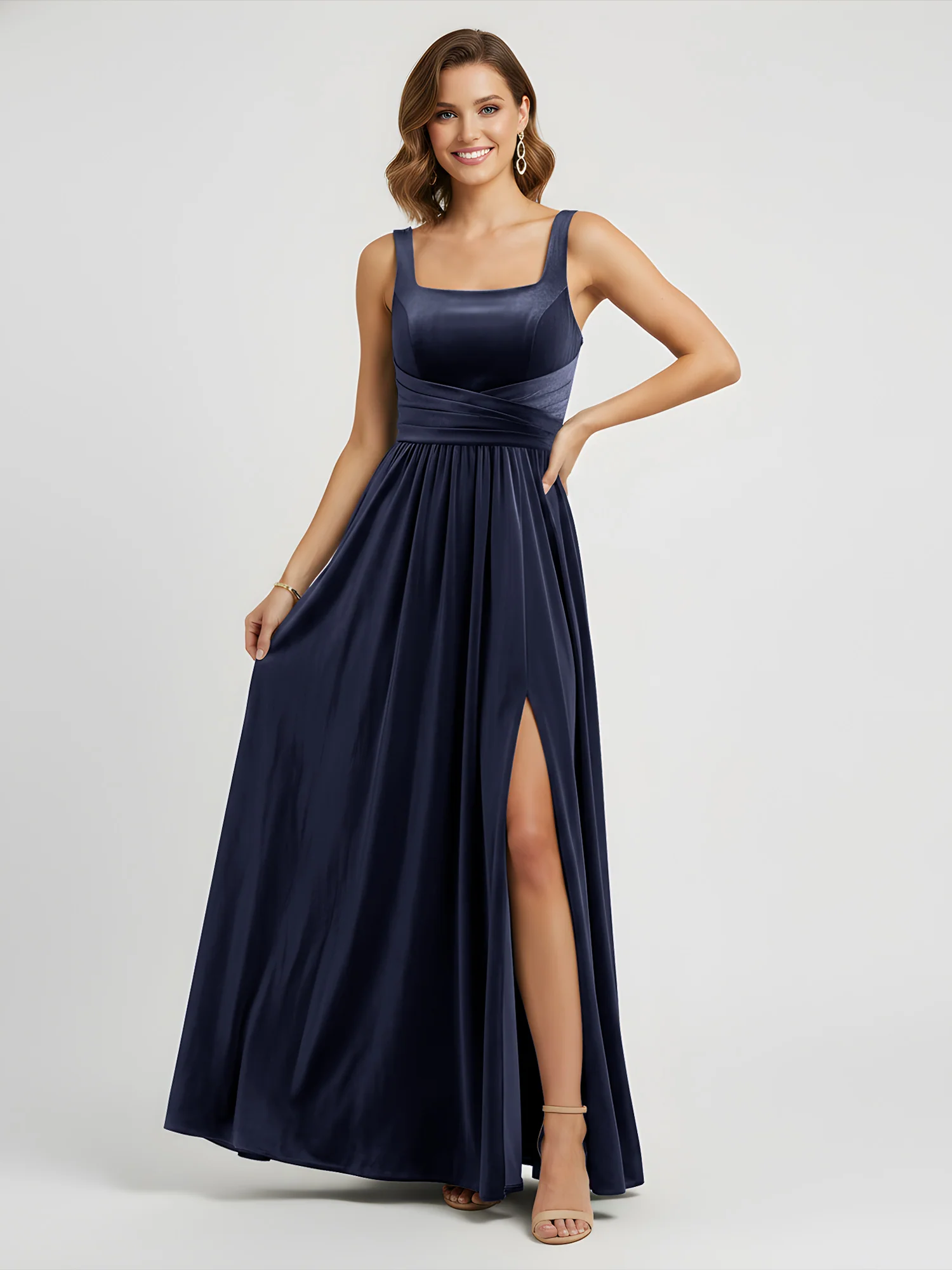 Wide Strap Velvet Pleated Waist Maxi Dress Dark Navy