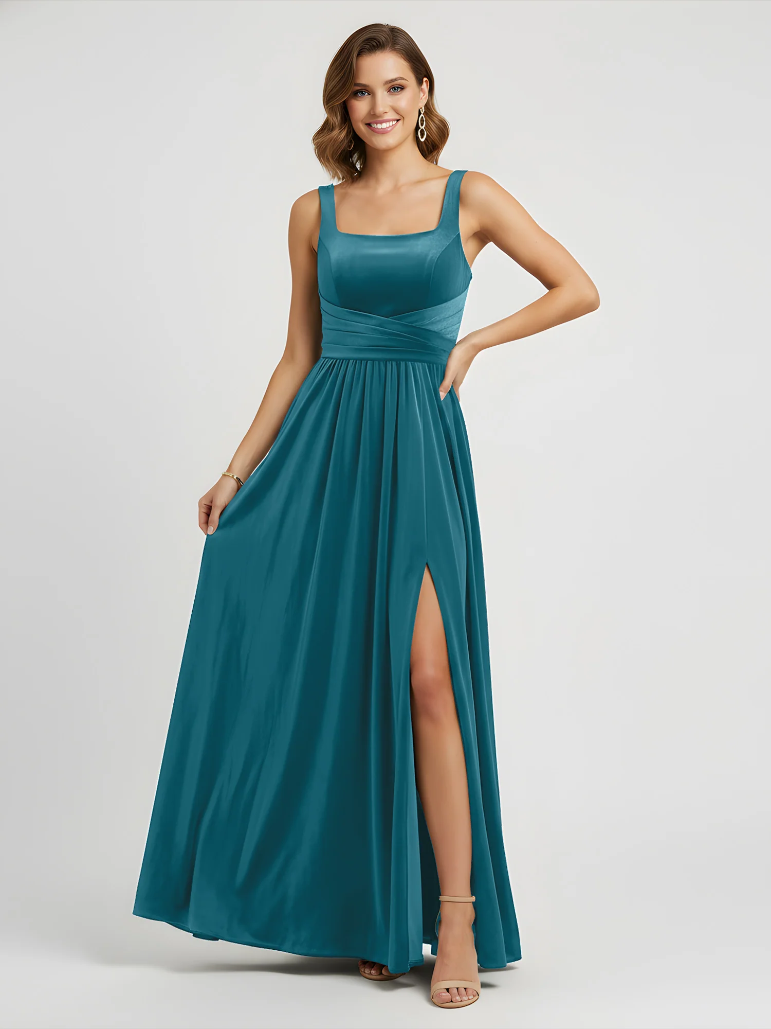 Wide Strap Velvet Pleated Waist Maxi Dress Ink Blue