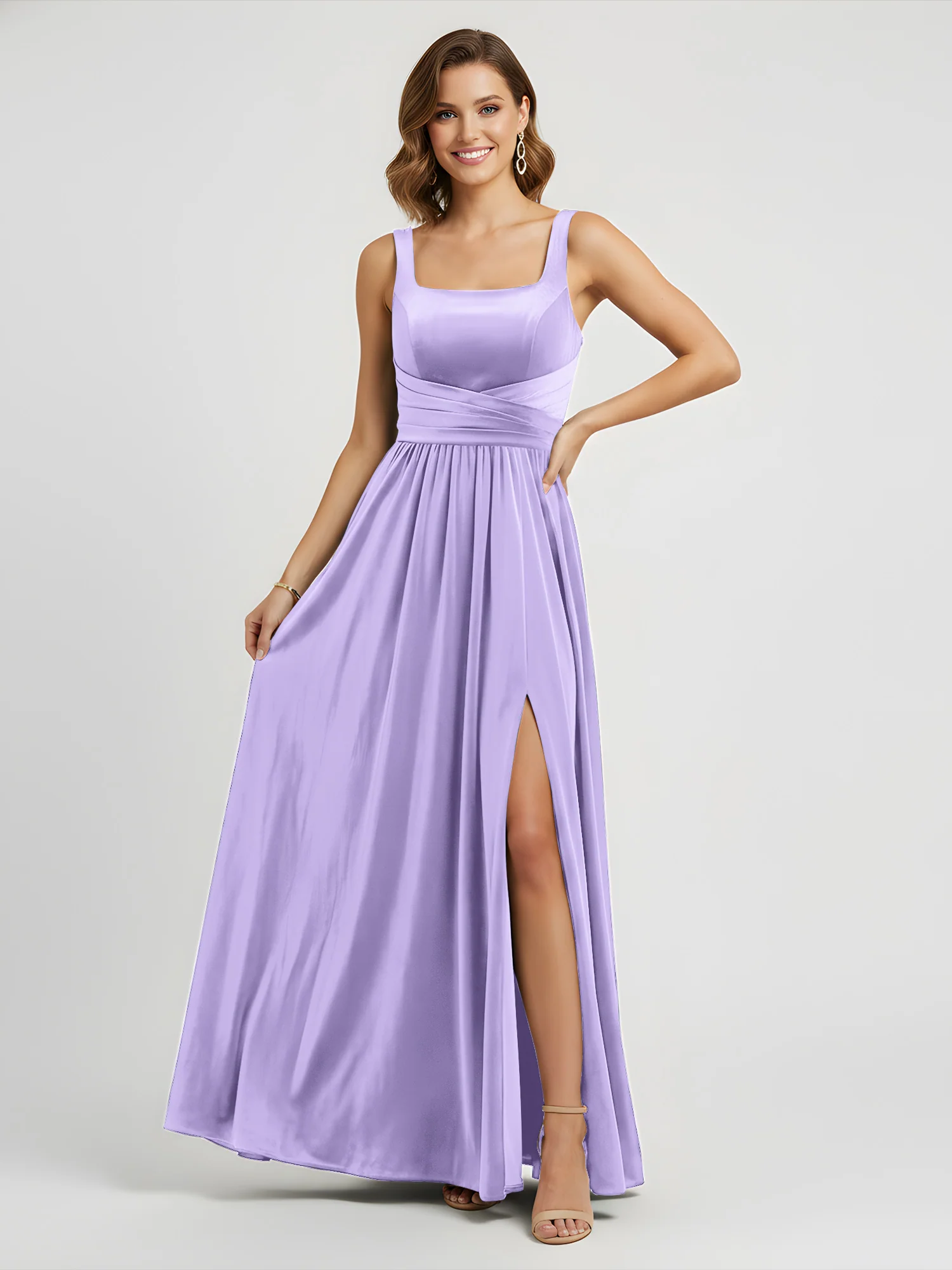 Wide Strap Velvet Pleated Waist Maxi Dress Lilac