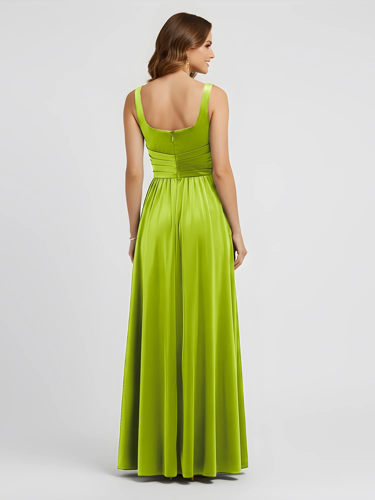 Wide Strap Velvet Pleated Waist Maxi Dress Lime Green - Image 2
