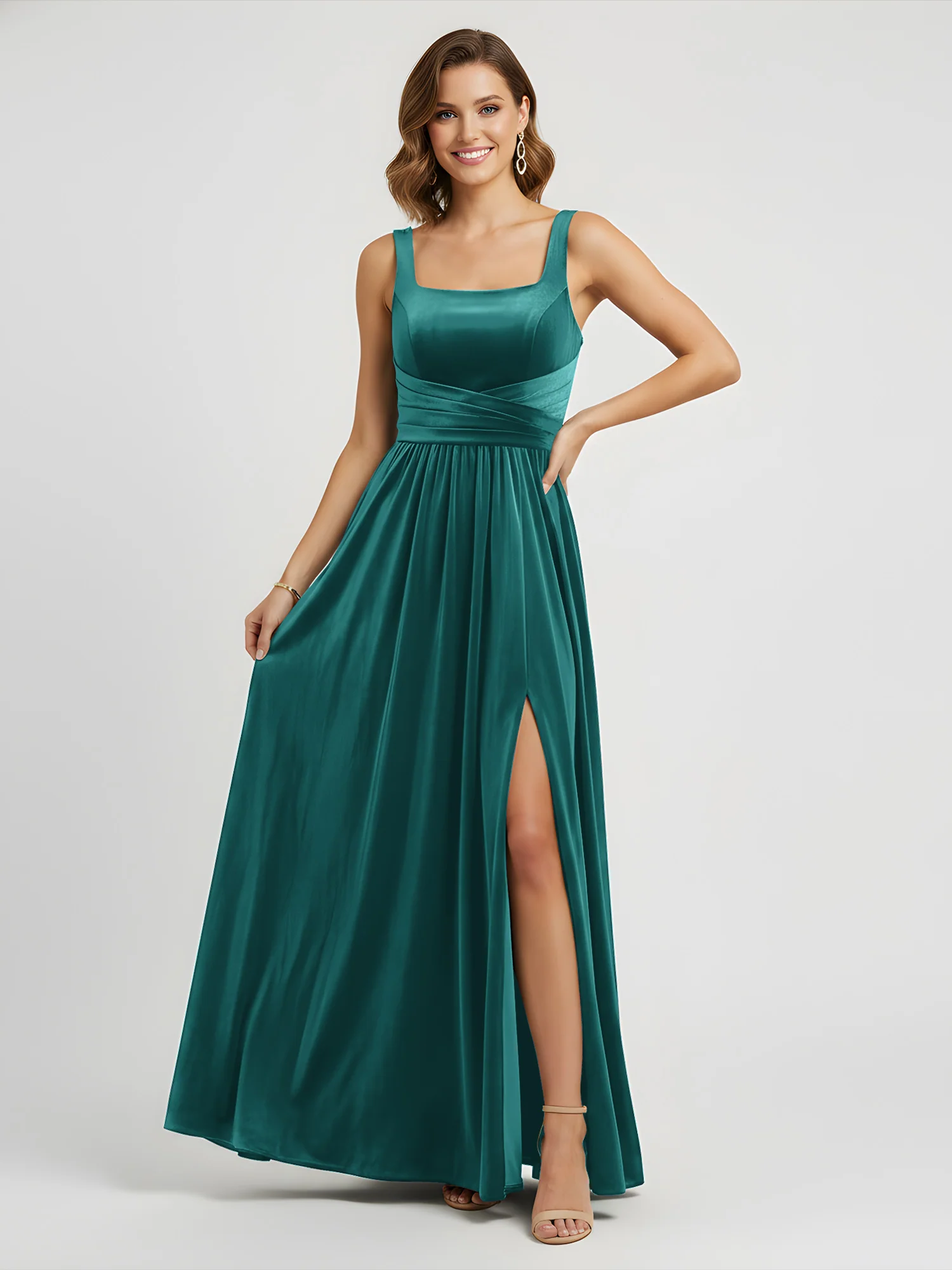 Wide Strap Velvet Pleated Waist Maxi Dress Peacock