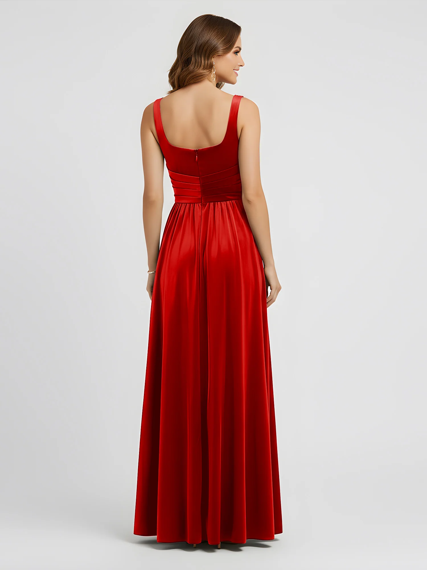 Wide Strap Velvet Pleated Waist Maxi Dress Red - Image 2