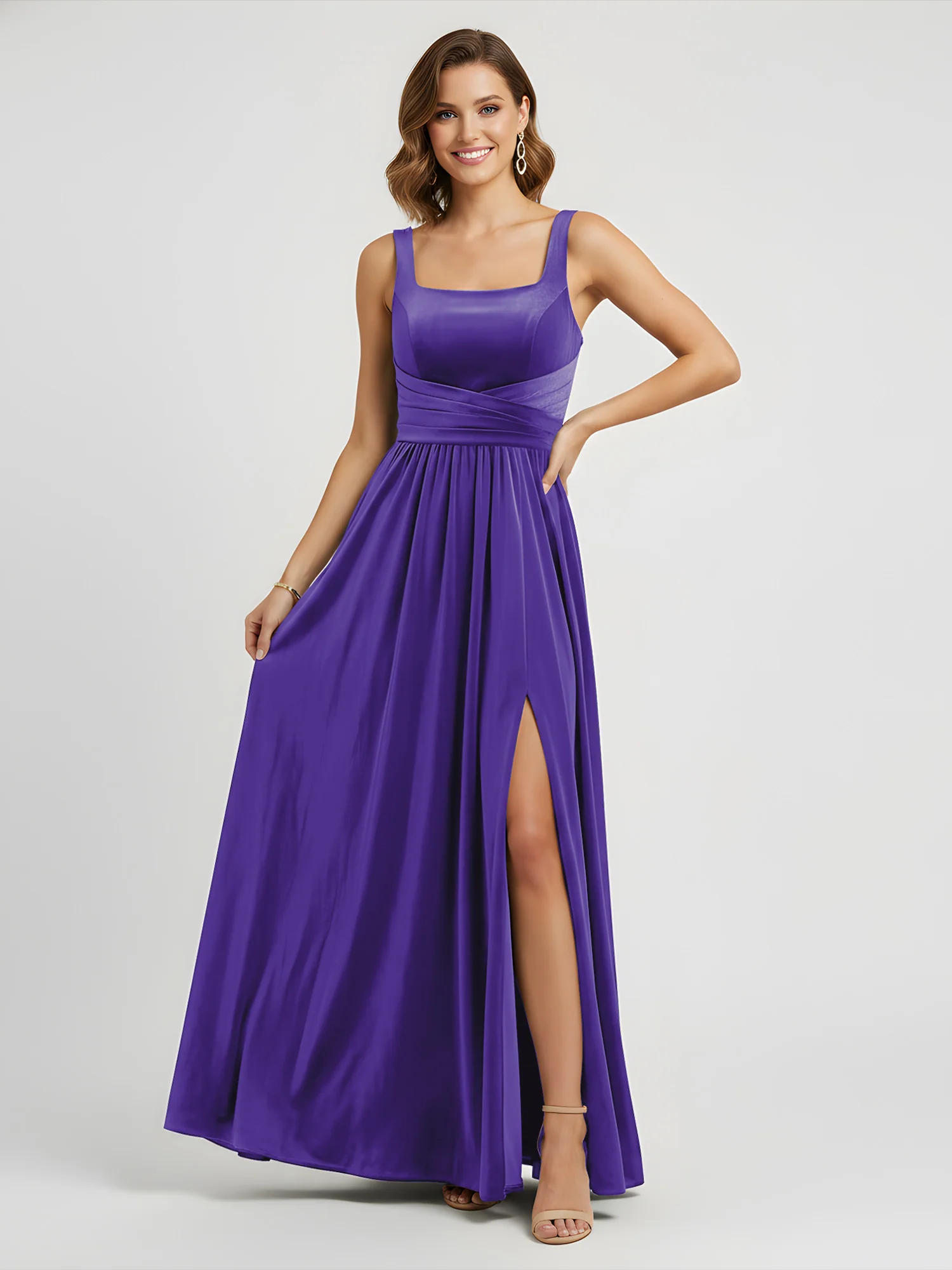 Wide Strap Velvet Pleated Waist Maxi Dress Regency
