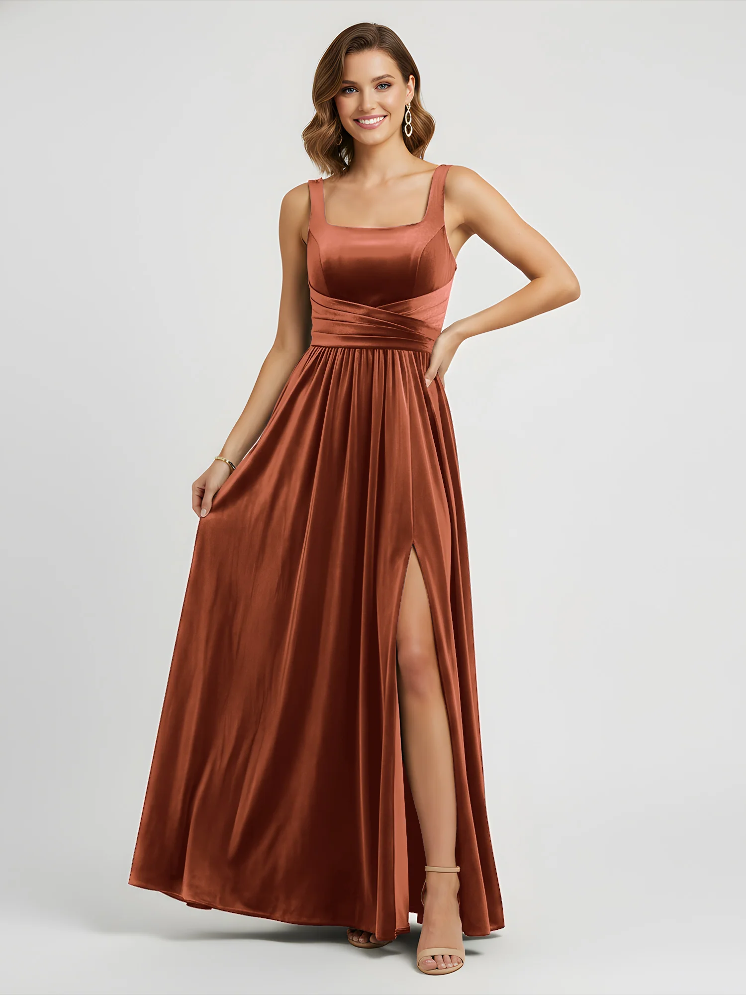 Wide Strap Velvet Pleated Waist Maxi Dress Rust