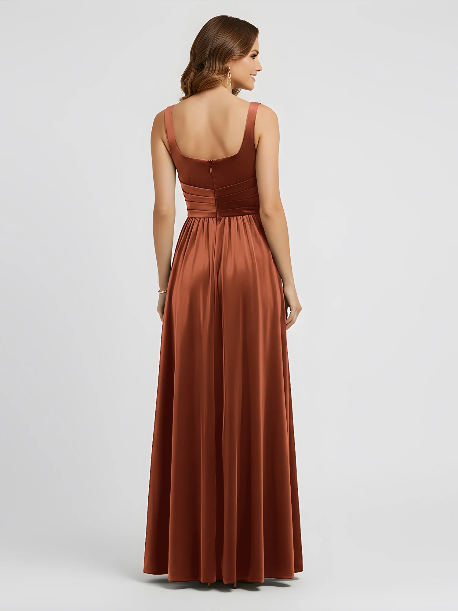 Wide Strap Velvet Pleated Waist Maxi Dress Rust - Image 2