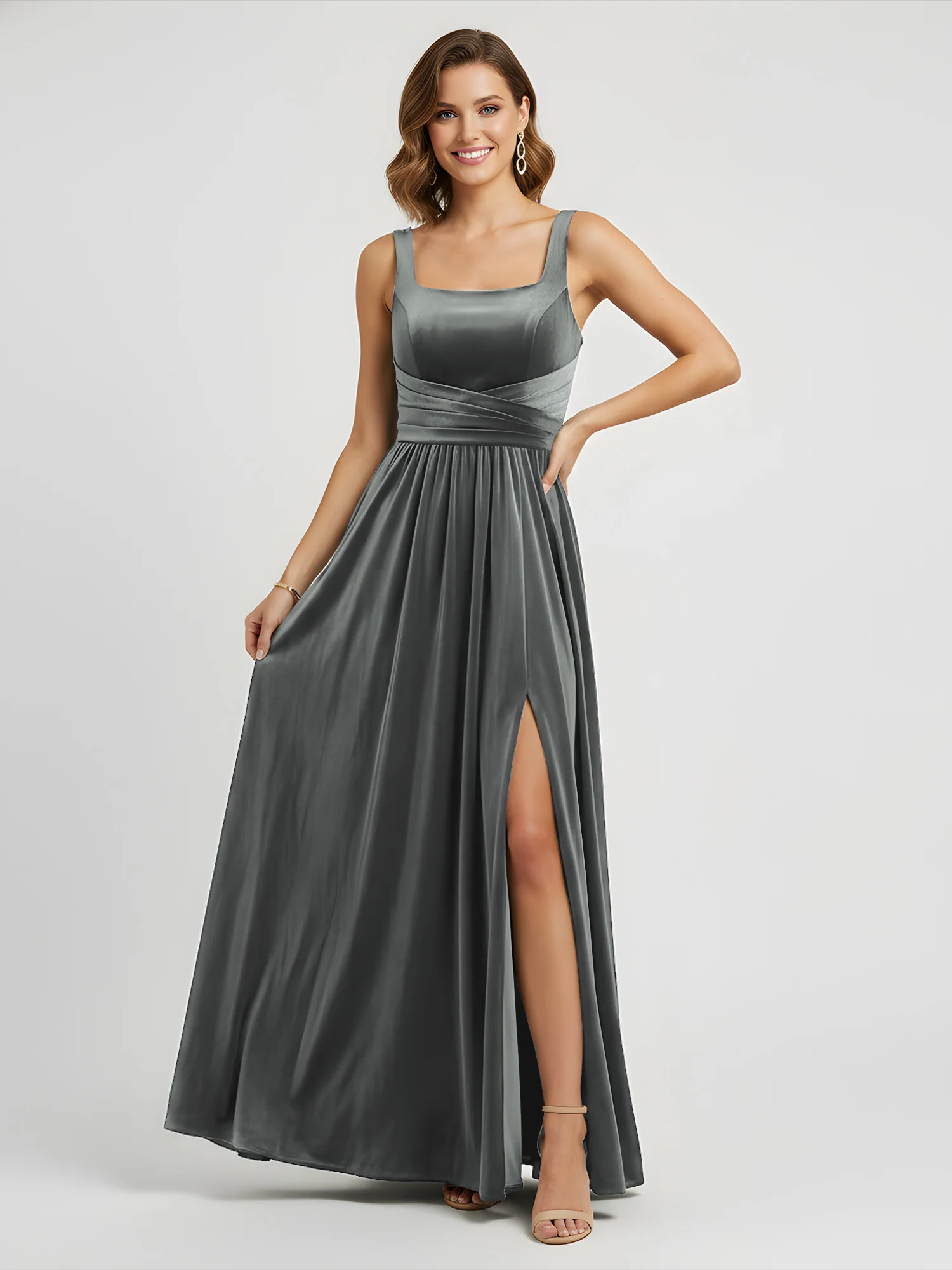 Wide Strap Velvet Pleated Waist Maxi Dress Steel Grey