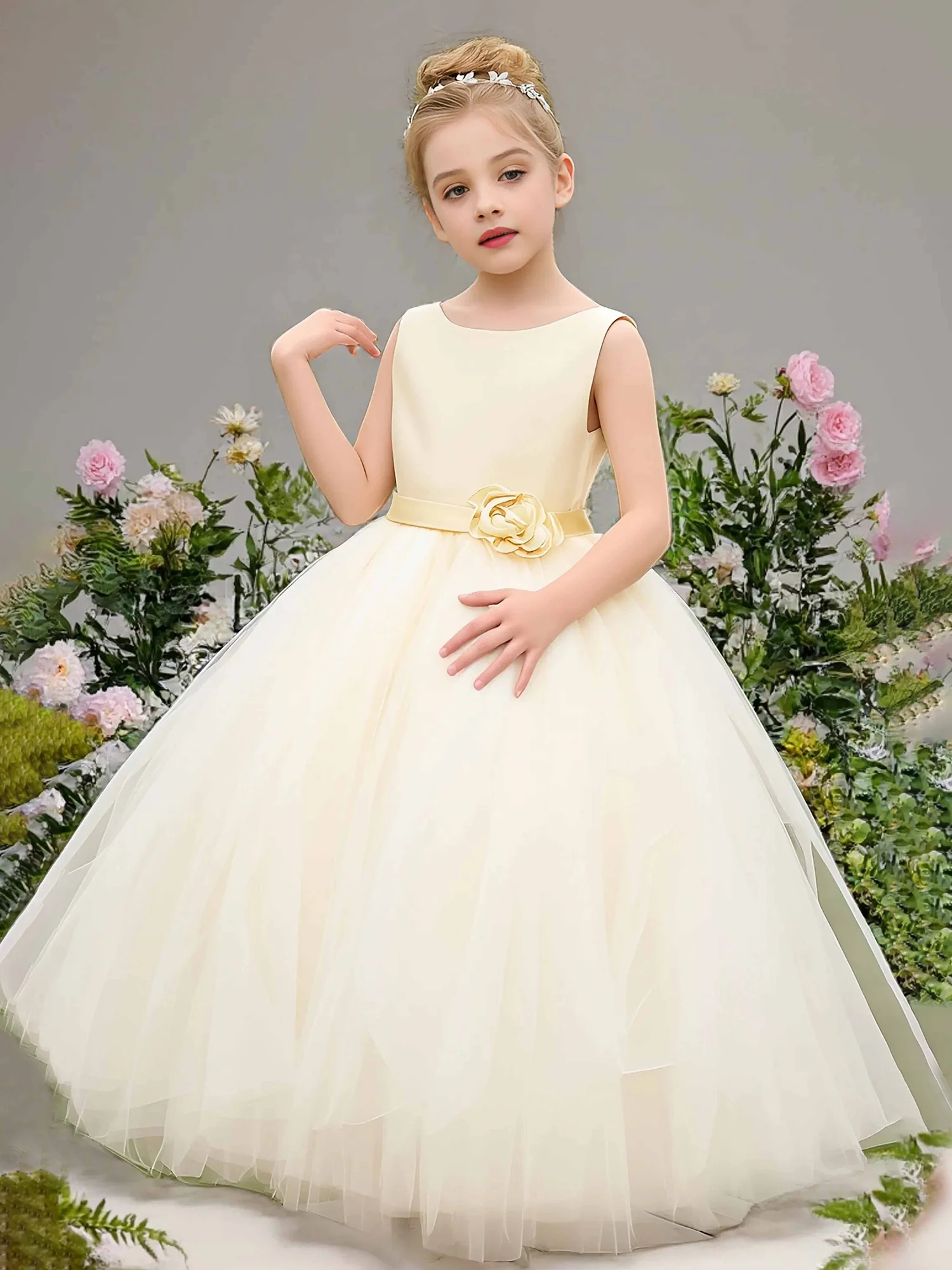 Sleeveless Scoop Back Ruched Waist Flower Girl Gown Daffodil
