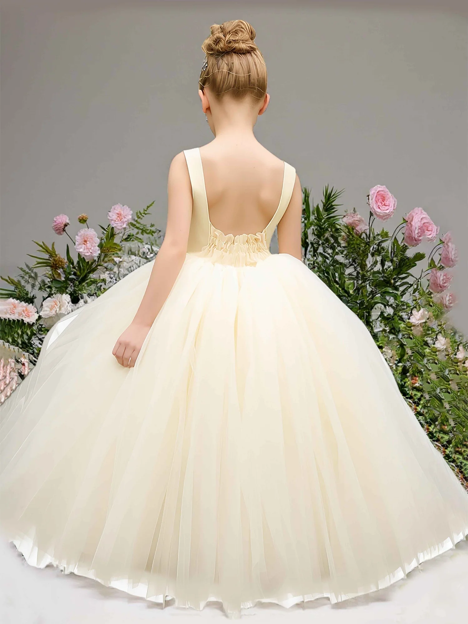 Sleeveless Scoop Back Ruched Waist Flower Girl Gown Daffodil - Image 2