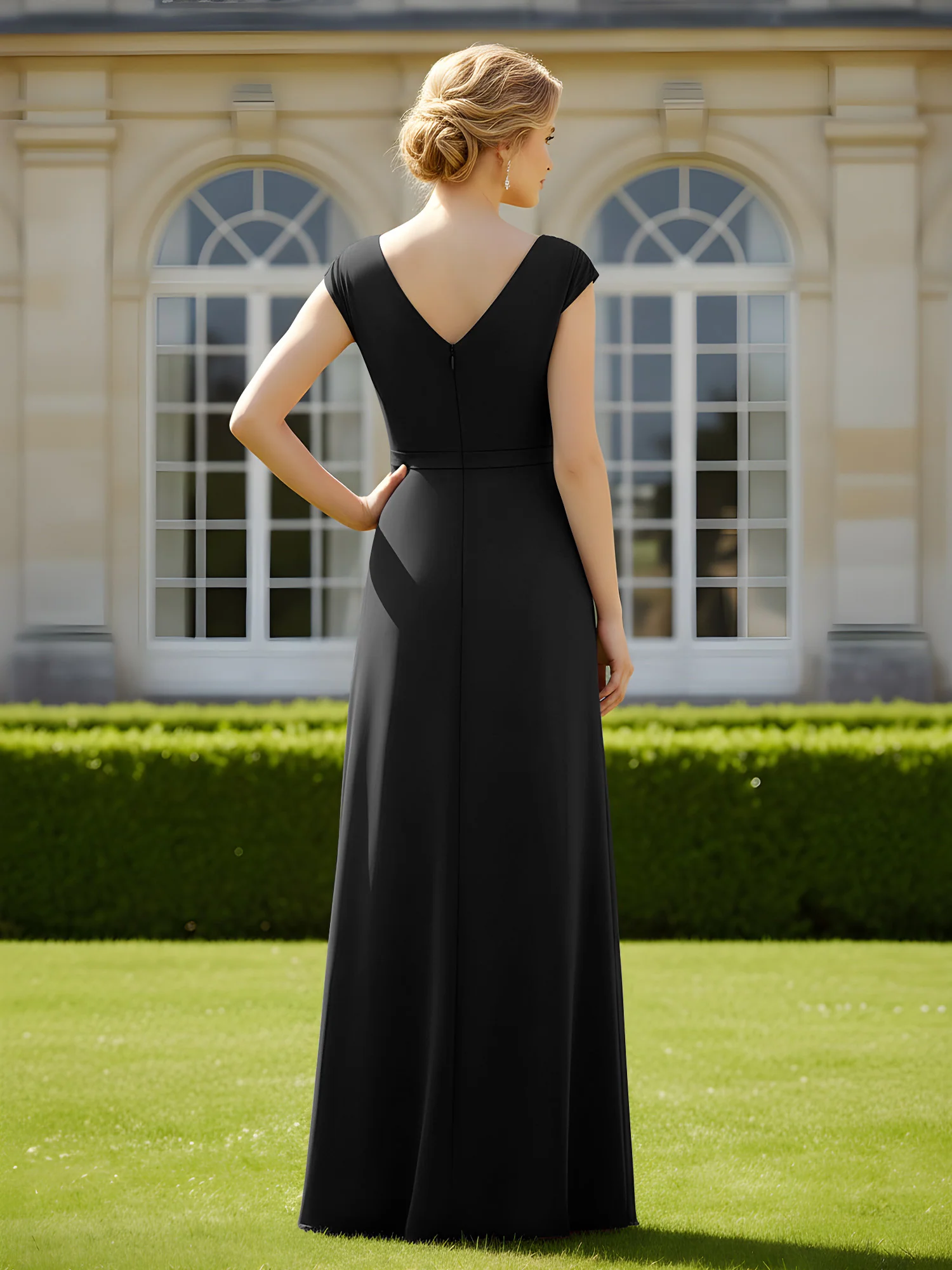 Beaded V-neck Pleated Chiffon A-Line Sequins Dress Black - Image 2
