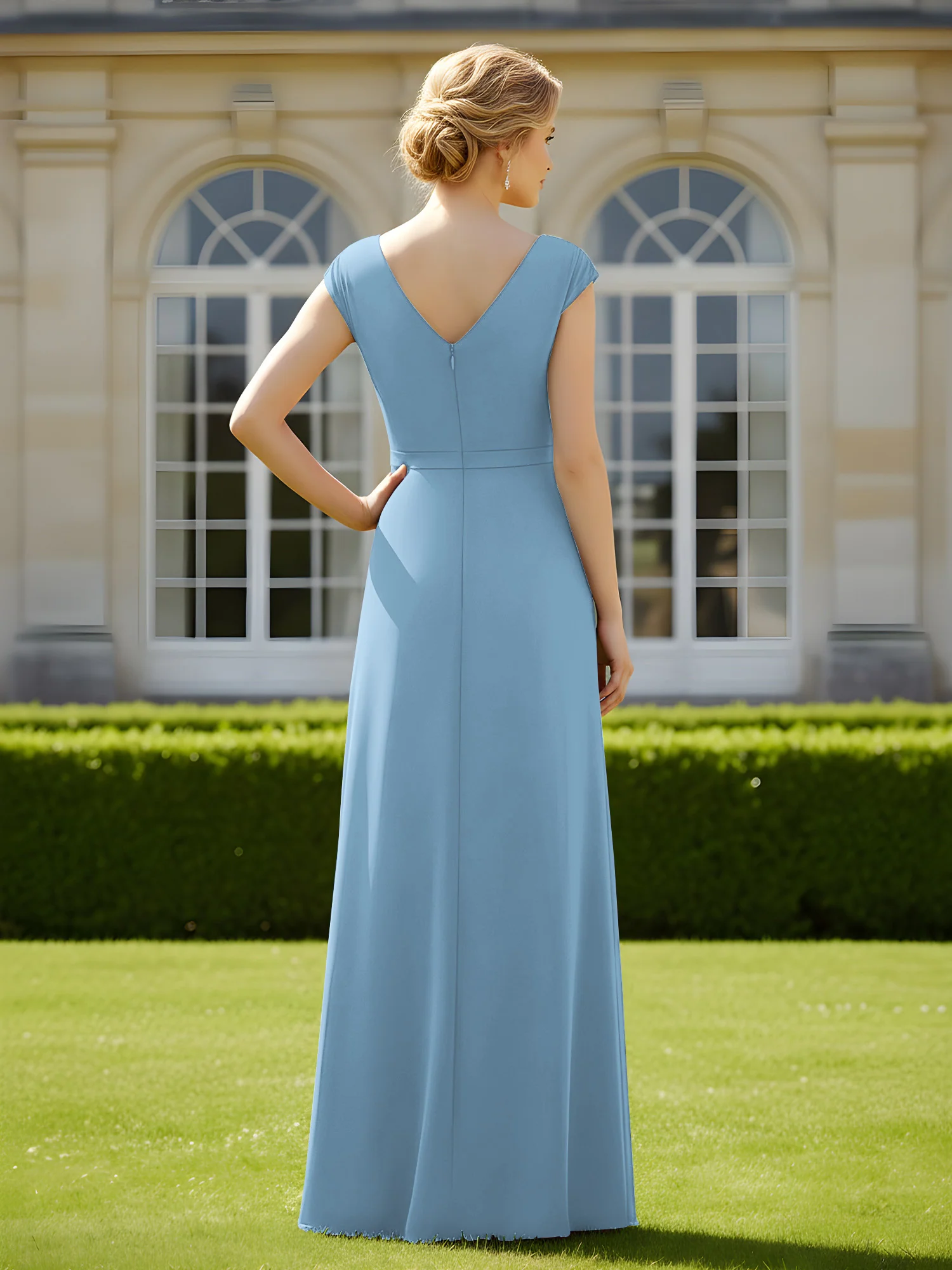 Beaded V-neck Pleated Chiffon A-Line Sequins Dress Blue - Image 2
