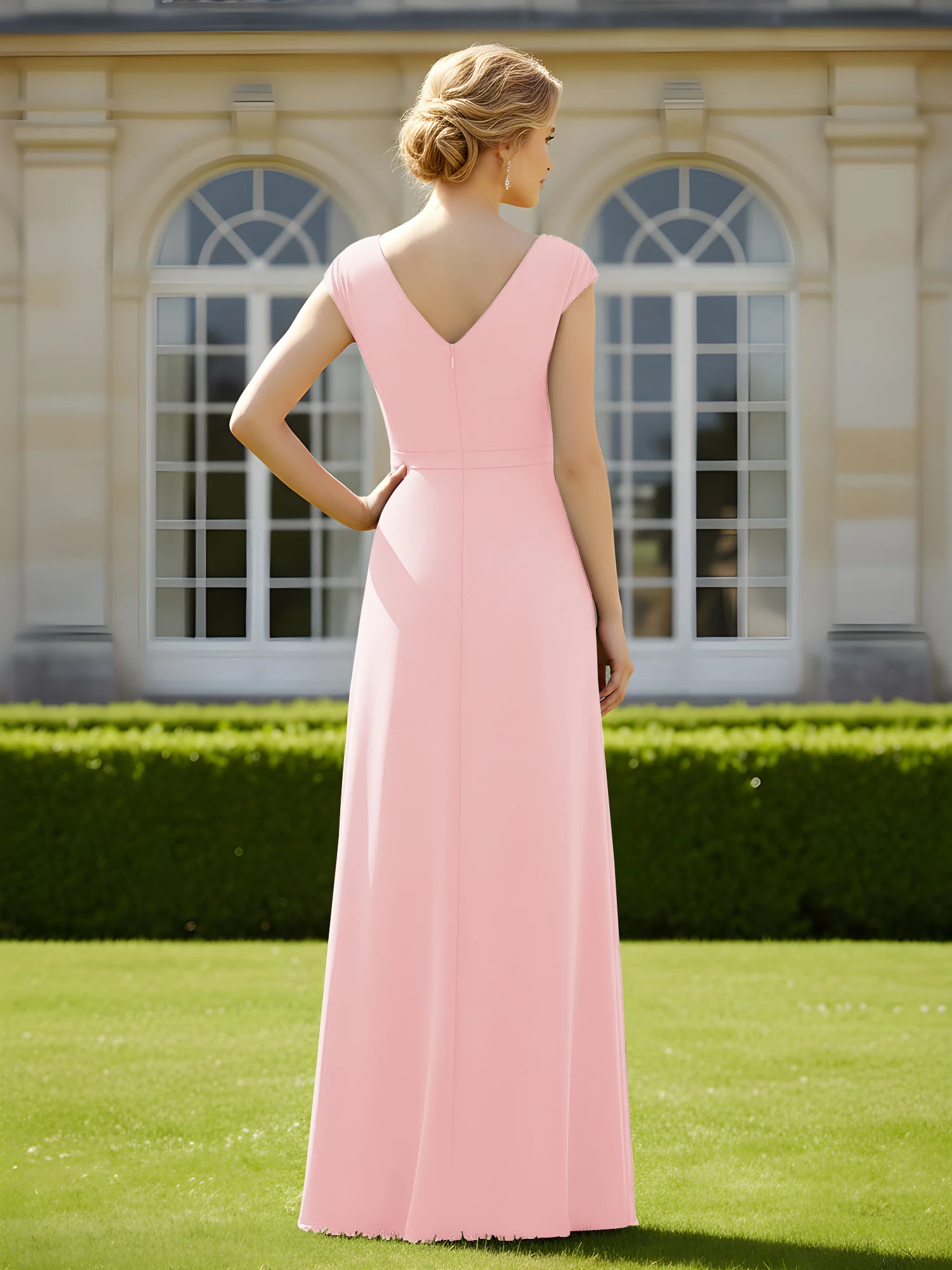 Beaded V-neck Pleated Chiffon A-Line Sequins Dress Blushing Pink - Image 2