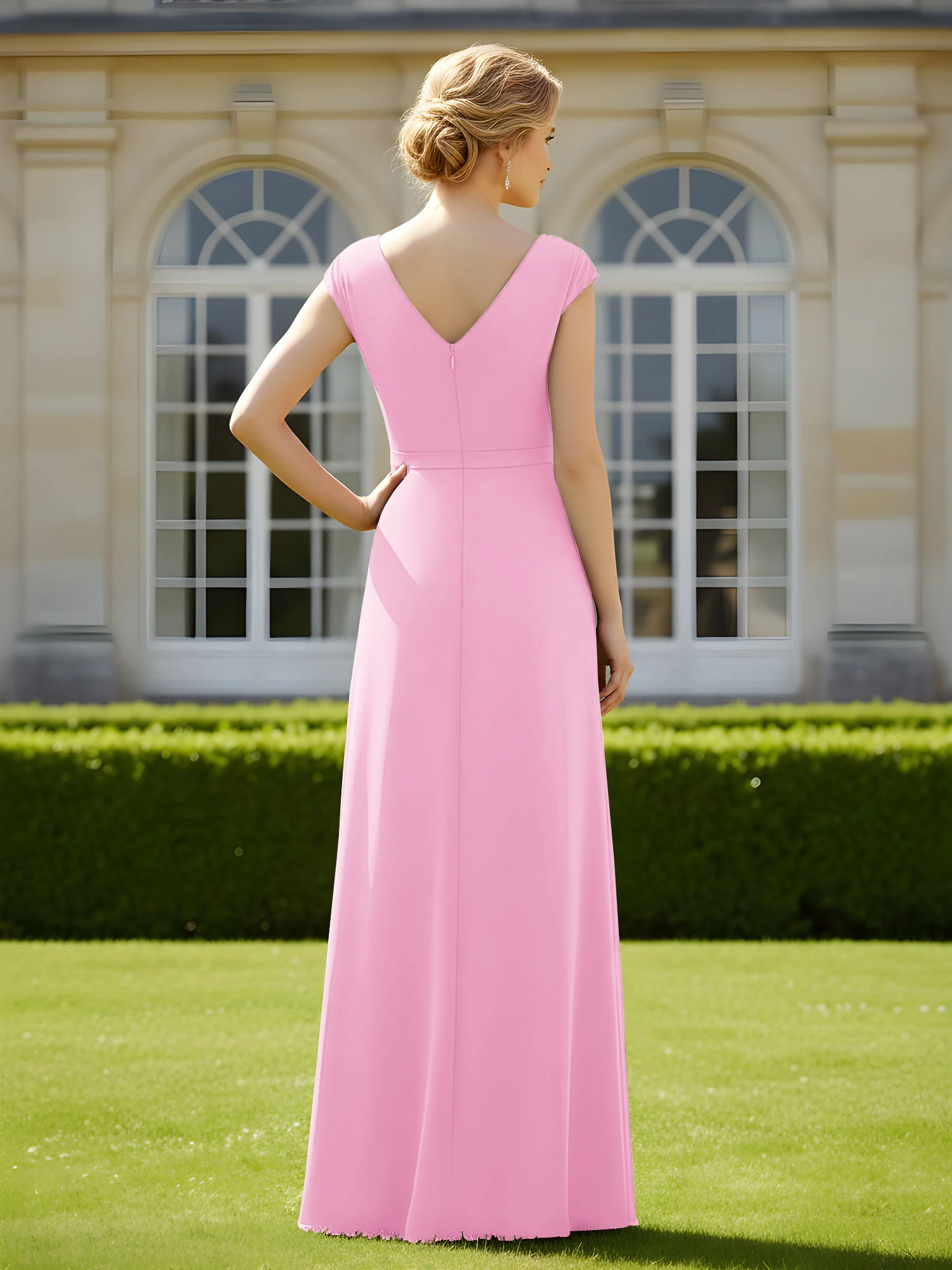 Beaded V-neck Pleated Chiffon A-Line Sequins Dress Candy Pink - Image 2