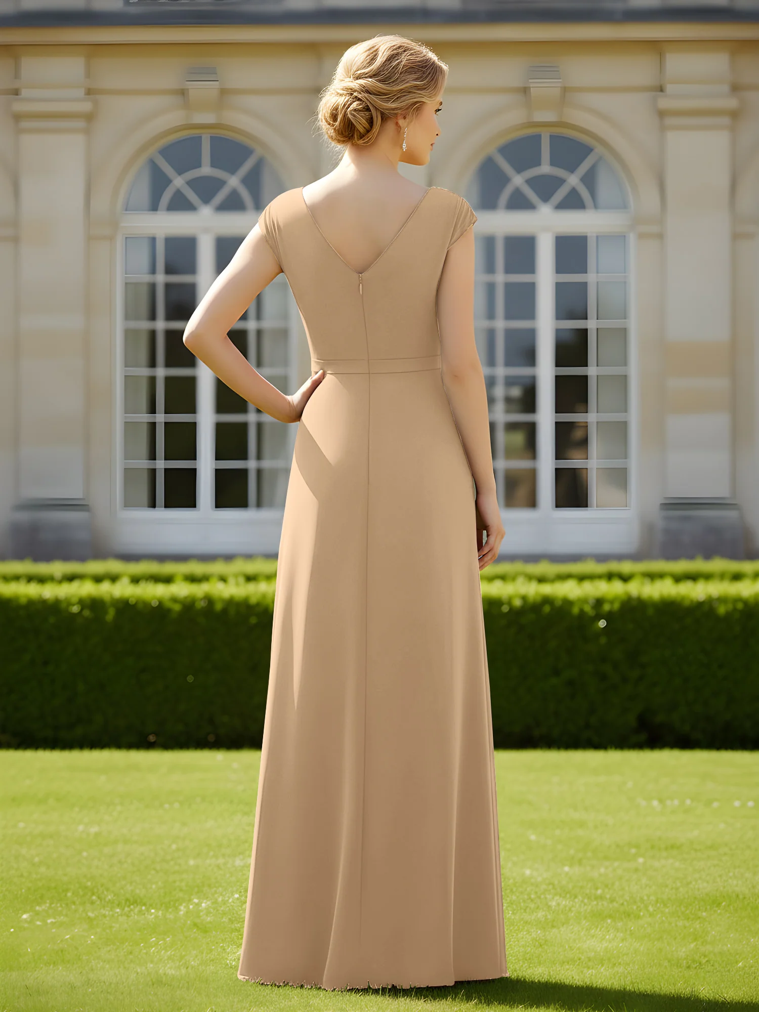 Beaded V-neck Pleated Chiffon A-Line Sequins Dress Champagne - Image 2