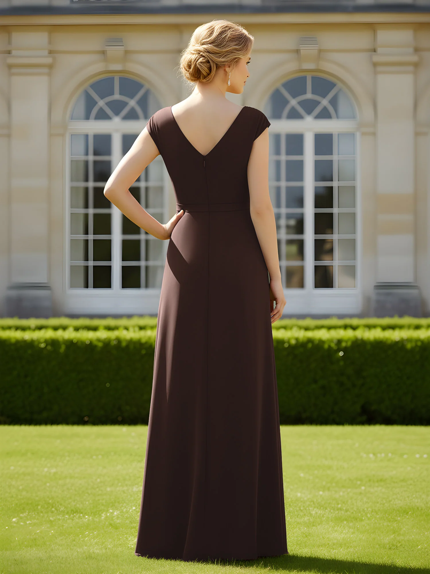 Beaded V-neck Pleated Chiffon A-Line Sequins Dress Chocolate - Image 2