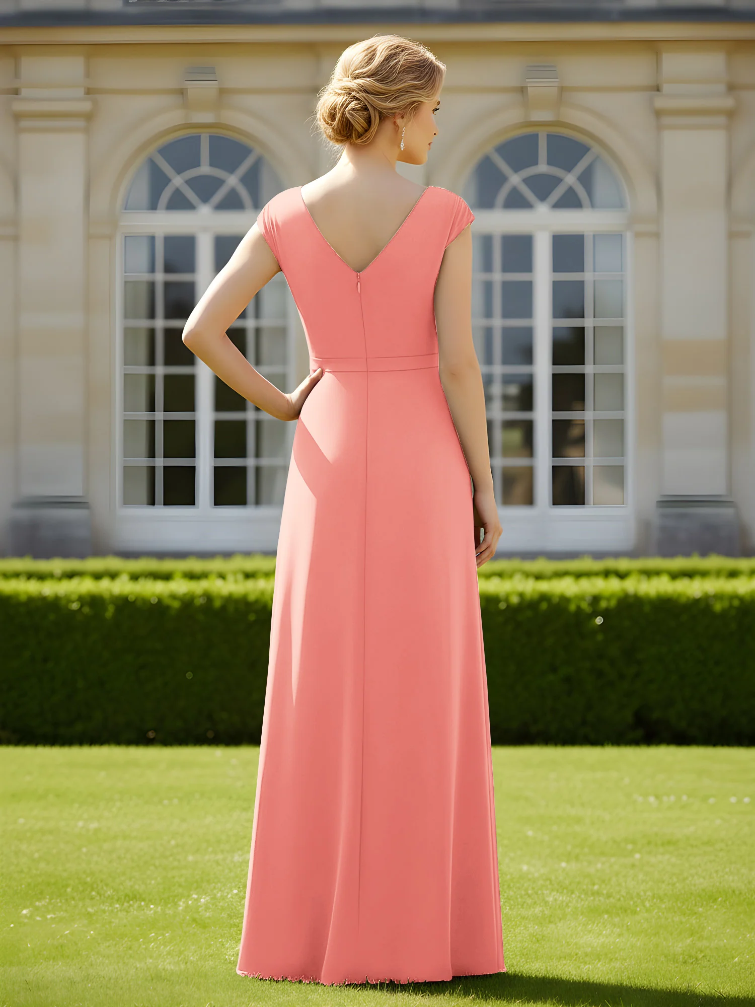 Beaded V-neck Pleated Chiffon A-Line Sequins Dress Coral - Image 2