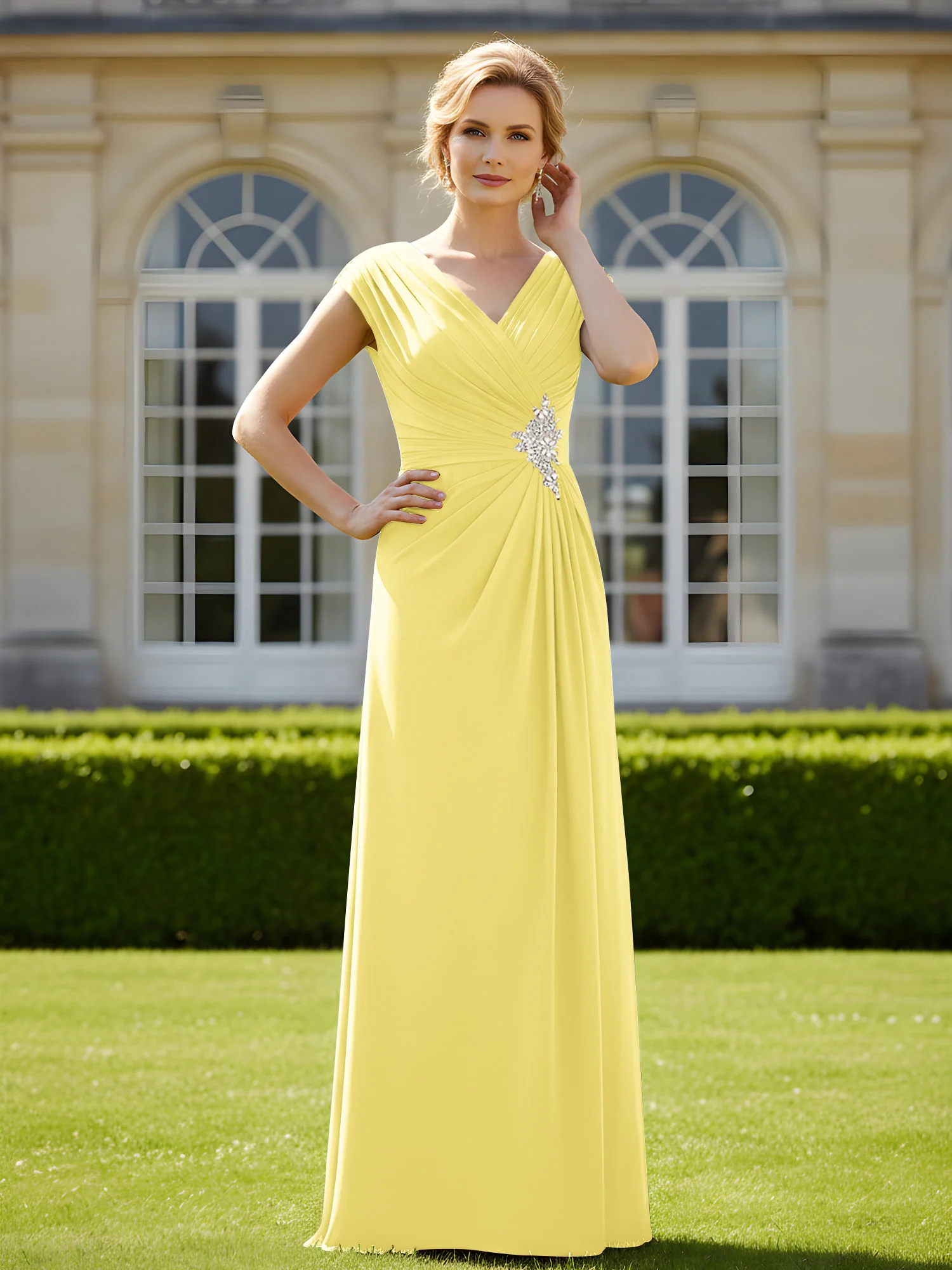 Beaded V-neck Pleated Chiffon A-Line Sequins Dress Daffodil