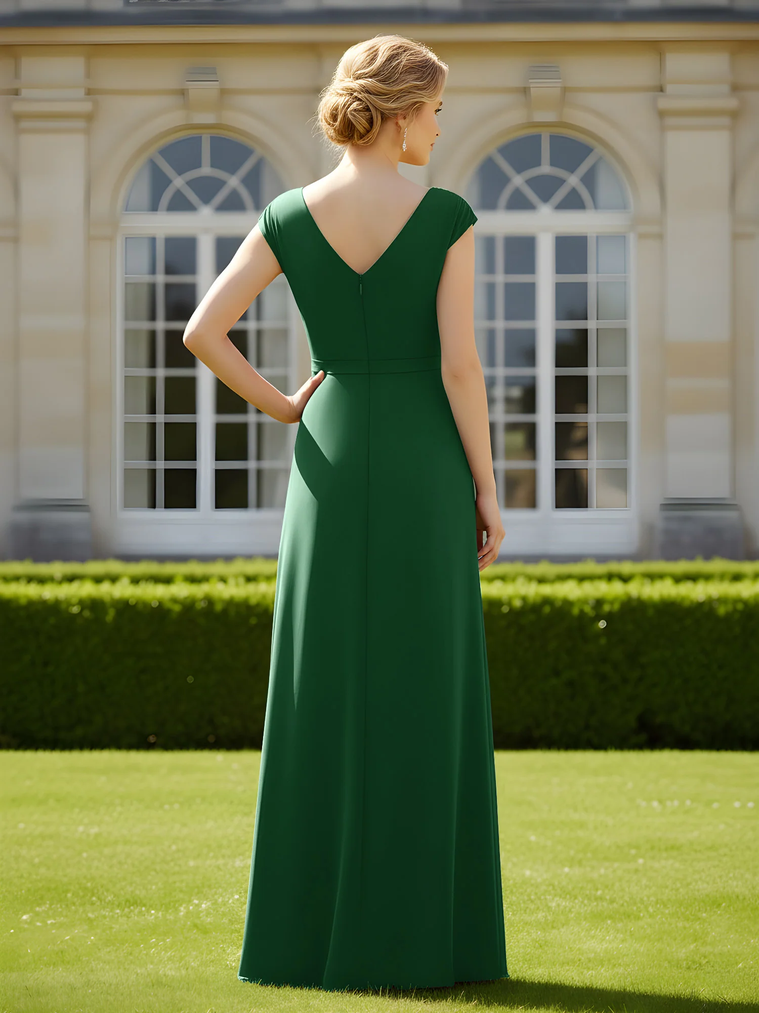 Beaded V-neck Pleated Chiffon A-Line Sequins Dress Dark Green - Image 2