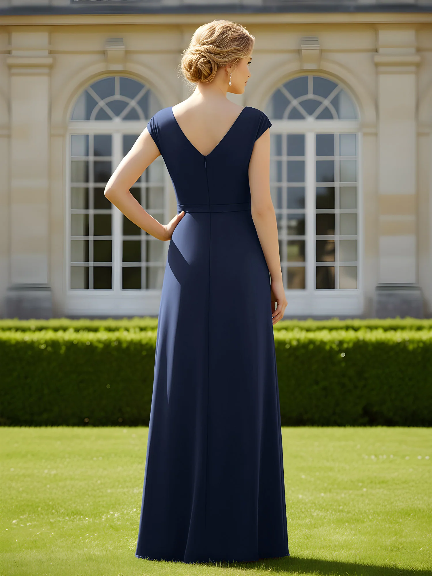 Beaded V-neck Pleated Chiffon A-Line Sequins Dress Dark Navy - Image 2