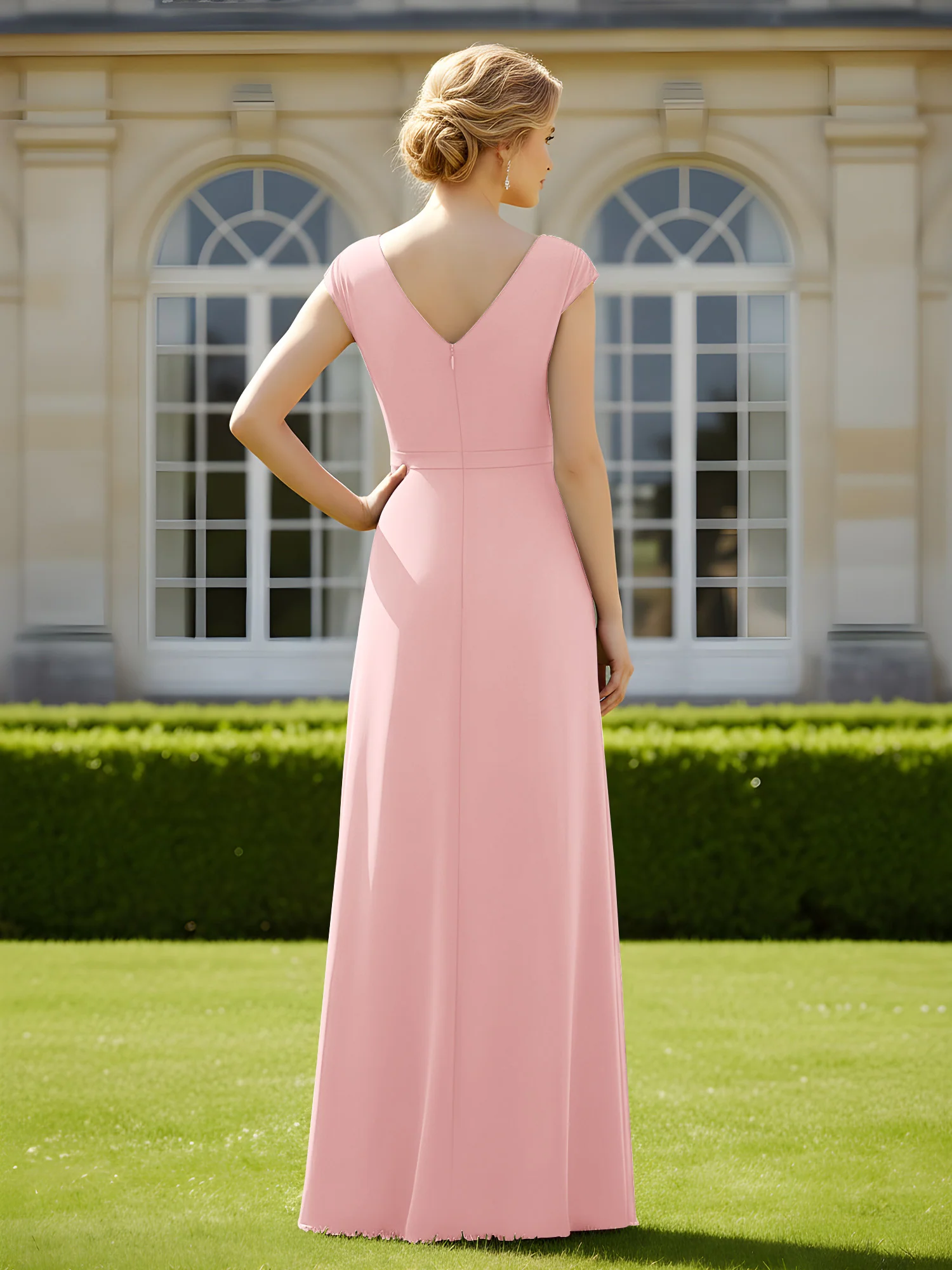 Beaded V-neck Pleated Chiffon A-Line Sequins Dress Dusty Rose - Image 2