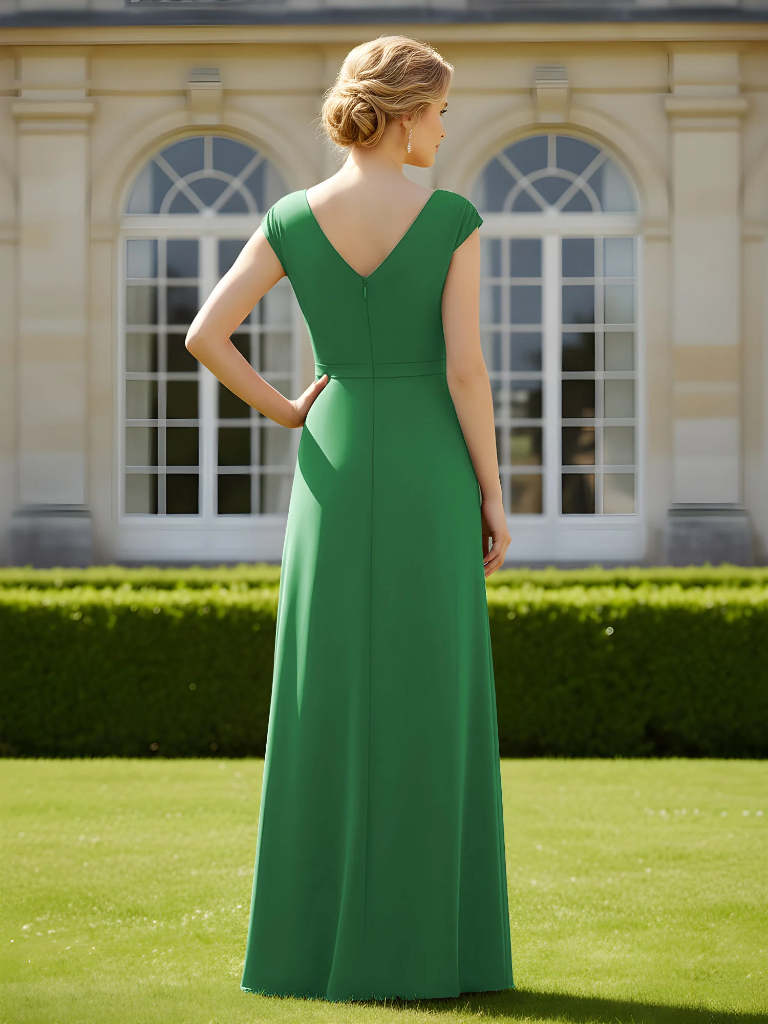 Beaded V-neck Pleated Chiffon A-Line Sequins Dress Emerald - Image 2