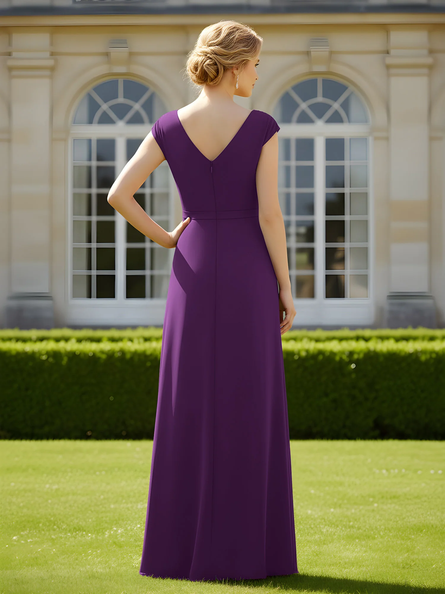 Beaded V-neck Pleated Chiffon A-Line Sequins Dress Grape - Image 2