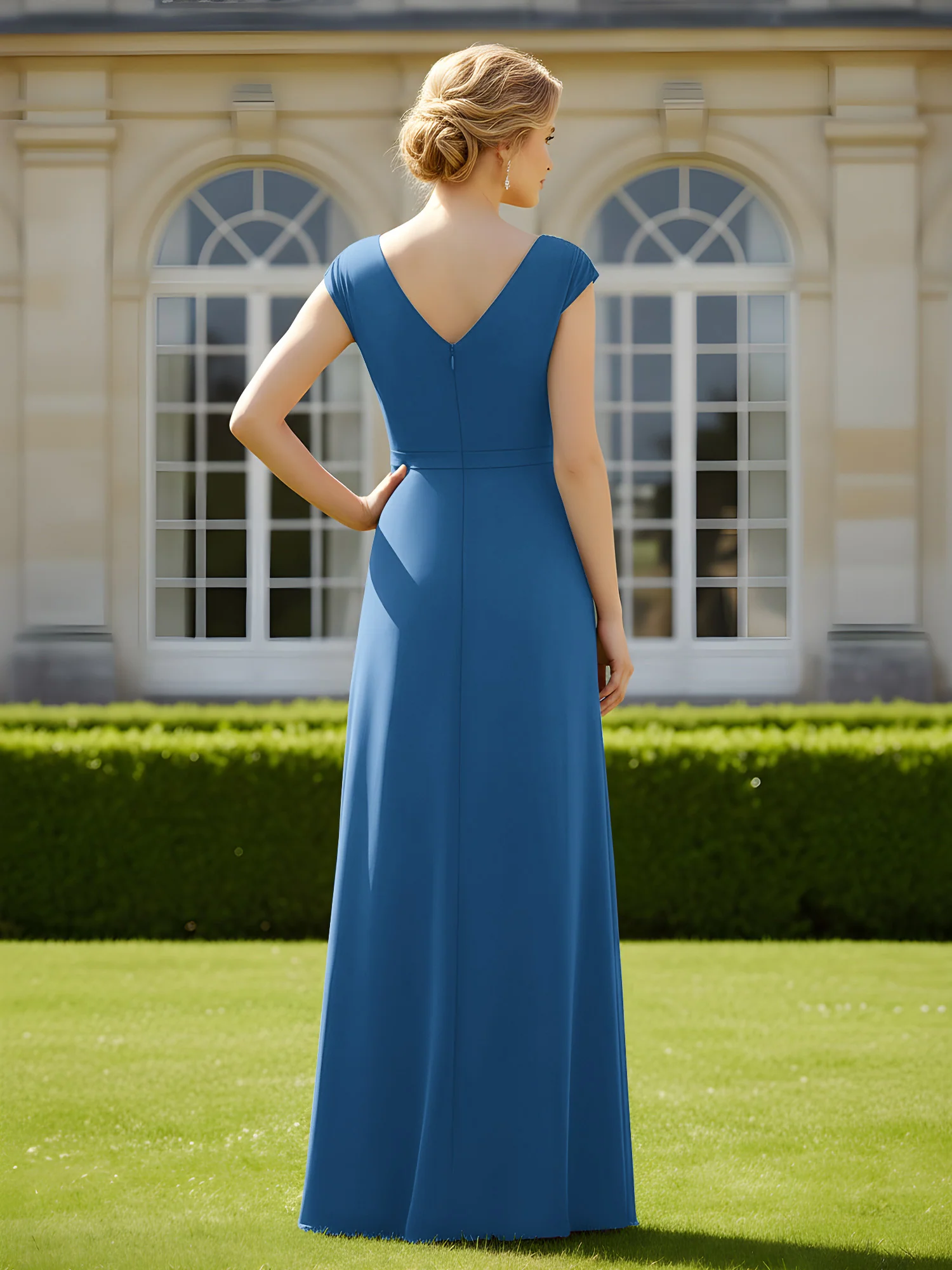 Beaded V-neck Pleated Chiffon A-Line Sequins Dress Ink Blue - Image 2