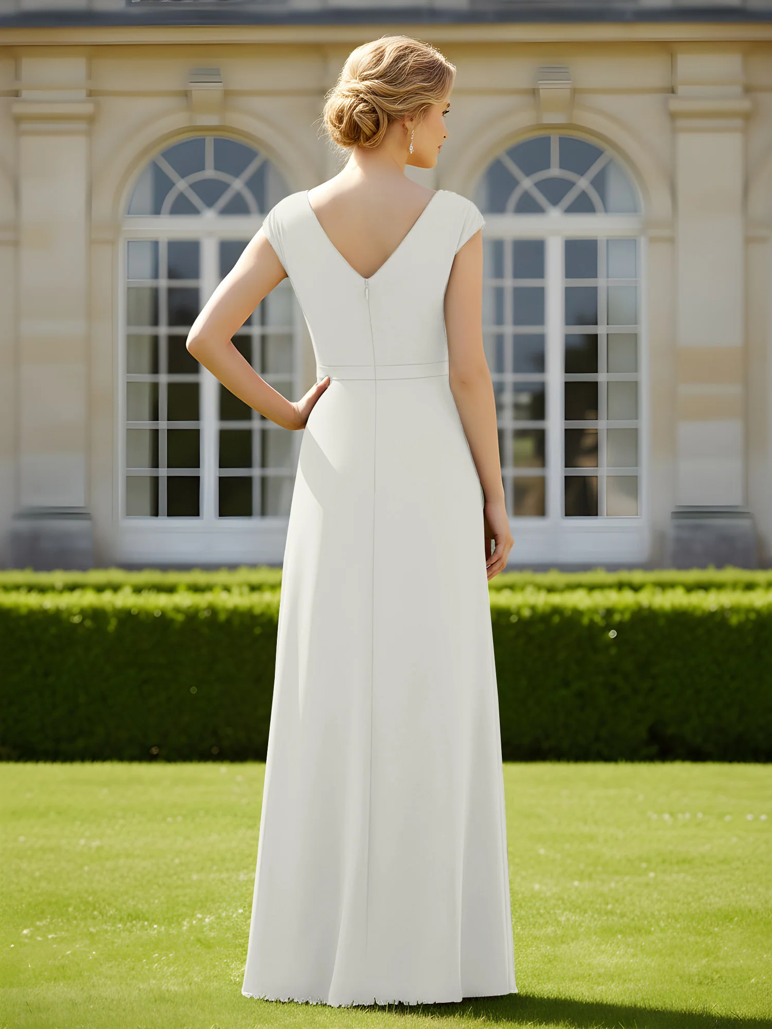 Beaded V-neck Pleated Chiffon A-Line Sequins Dress Ivory - Image 2