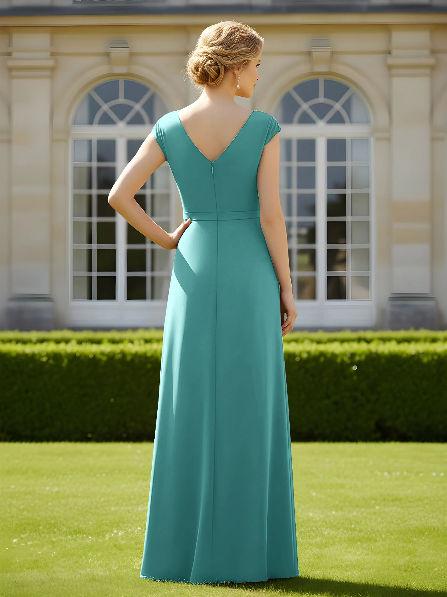 Beaded V-neck Pleated Chiffon A-Line Sequins Dress Jade - Image 2