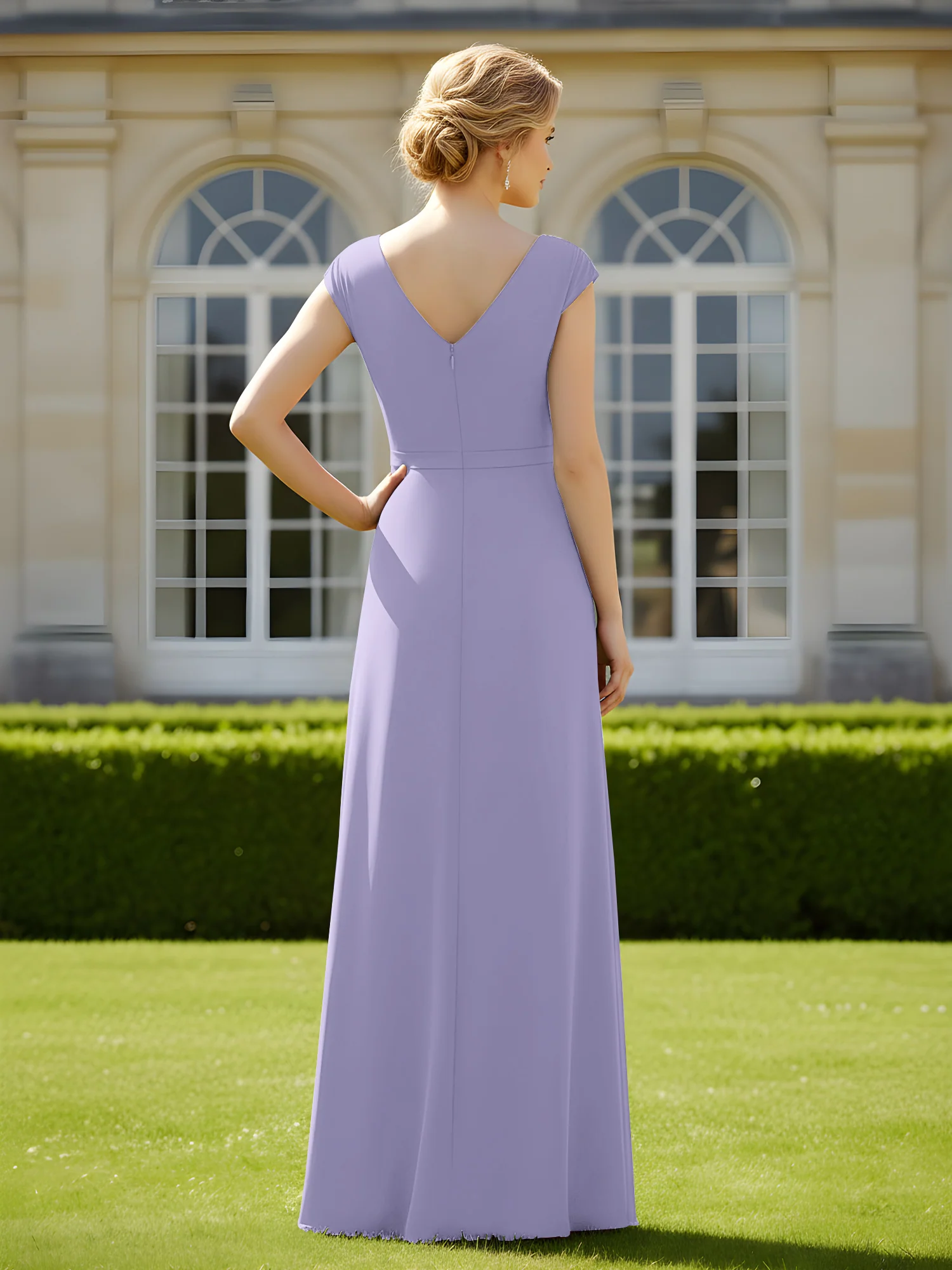 Beaded V-neck Pleated Chiffon A-Line Sequins Dress Lavender - Image 2