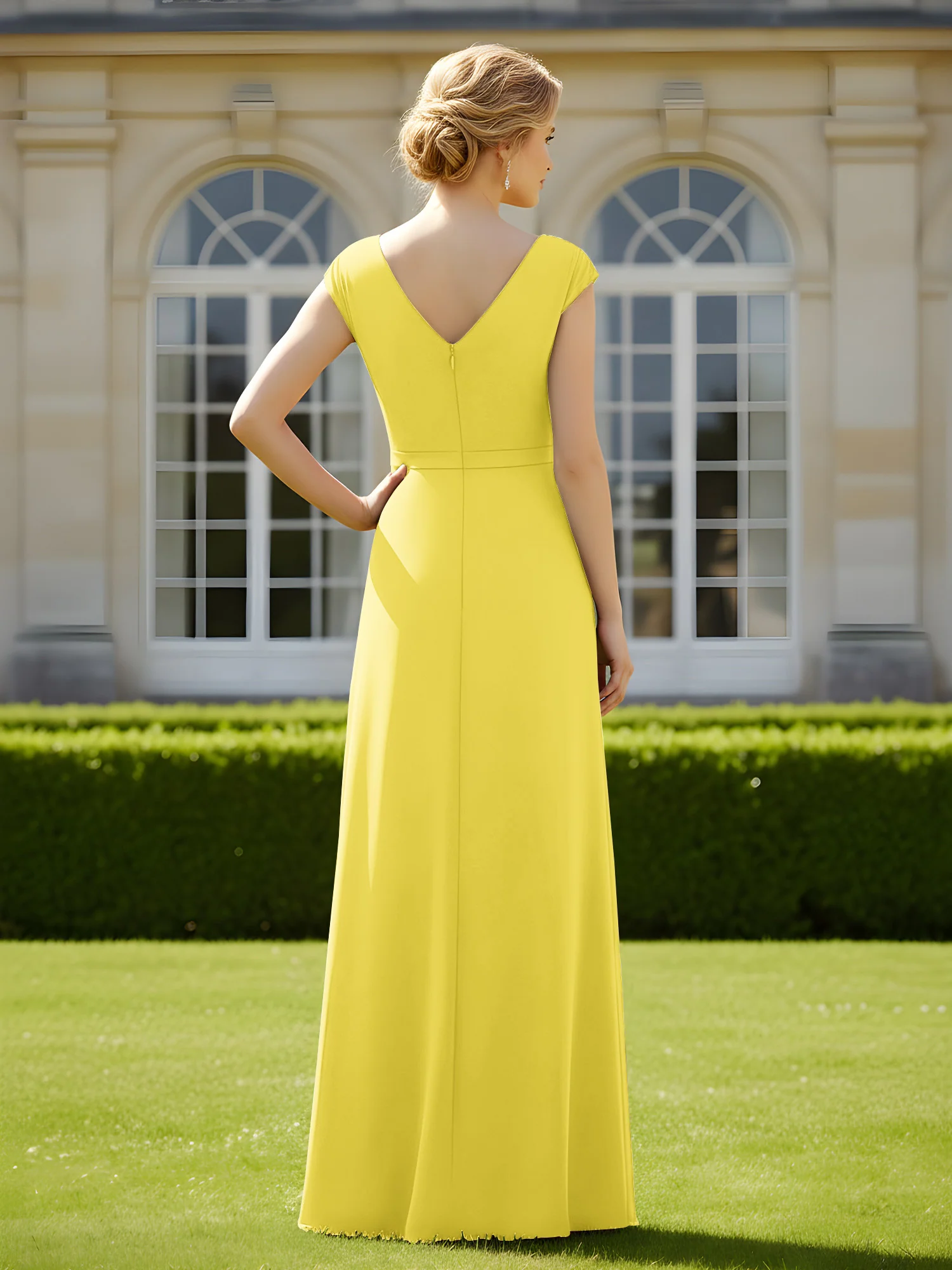 Beaded V-neck Pleated Chiffon A-Line Sequins Dress Lemon - Image 2