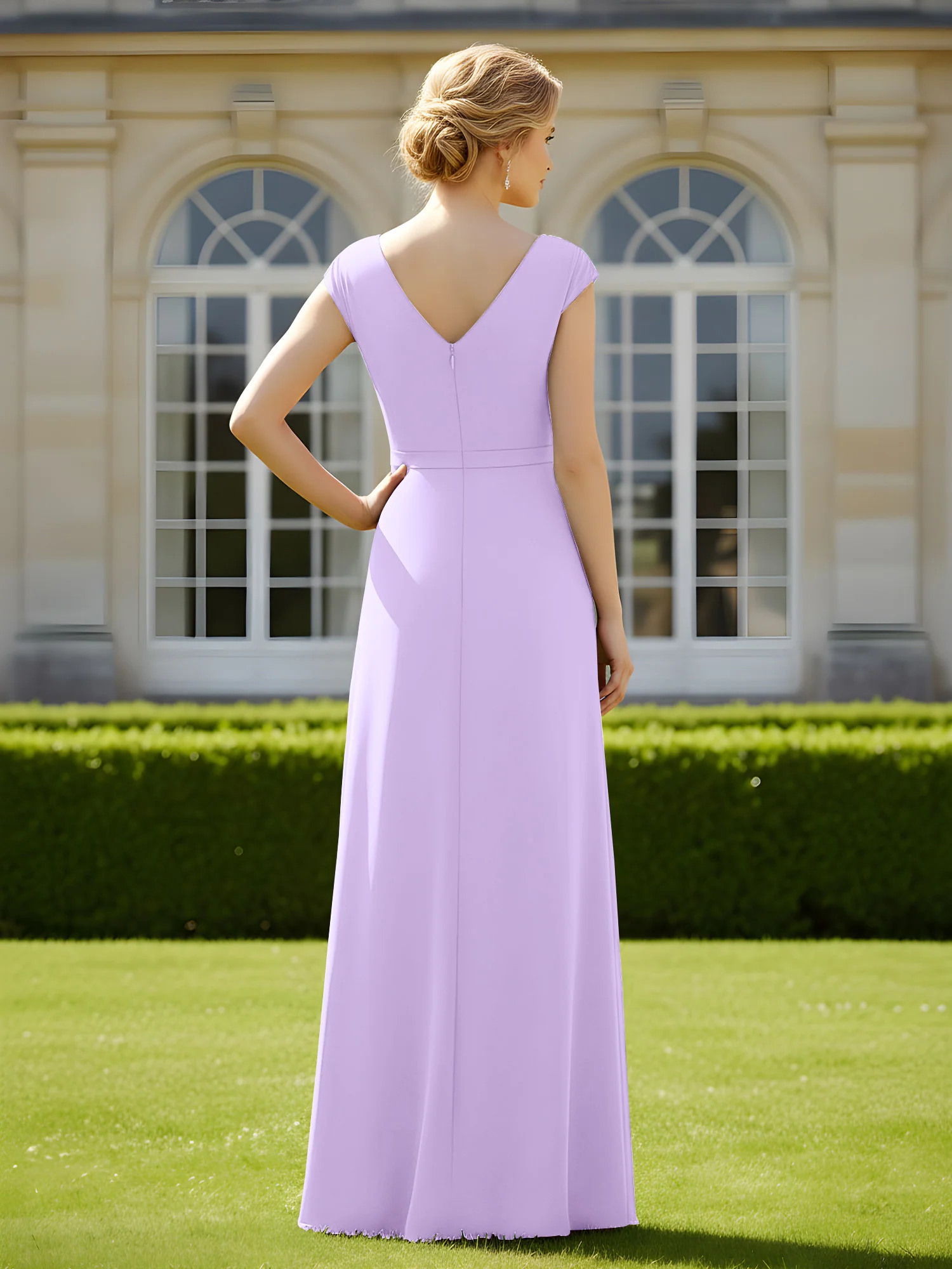 Beaded V-neck Pleated Chiffon A-Line Sequins Dress Lilac - Image 2