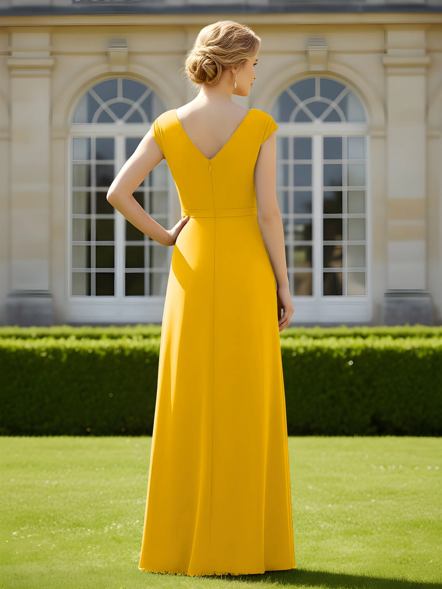 Beaded V-neck Pleated Chiffon A-Line Sequins Dress Marigold - Image 2