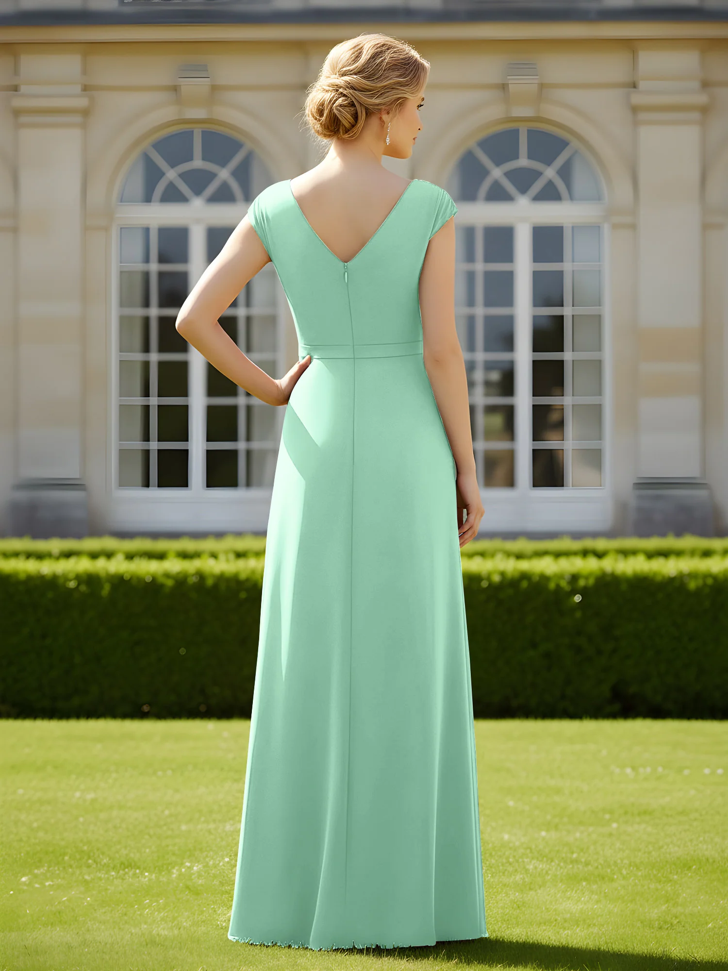 Beaded V-neck Pleated Chiffon A-Line Sequins Dress Mint Green - Image 2