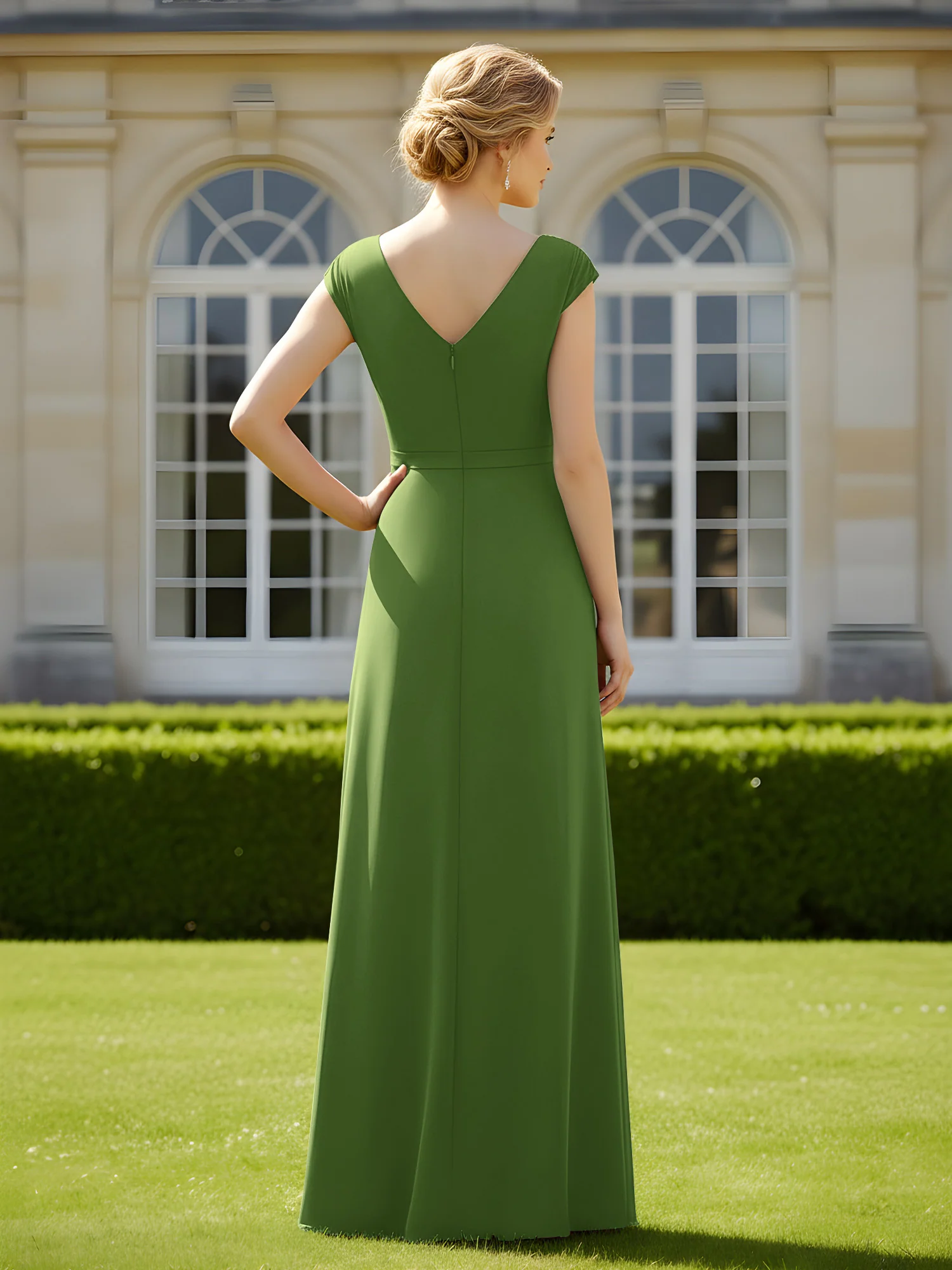 Beaded V-neck Pleated Chiffon A-Line Sequins Dress Moss - Image 2