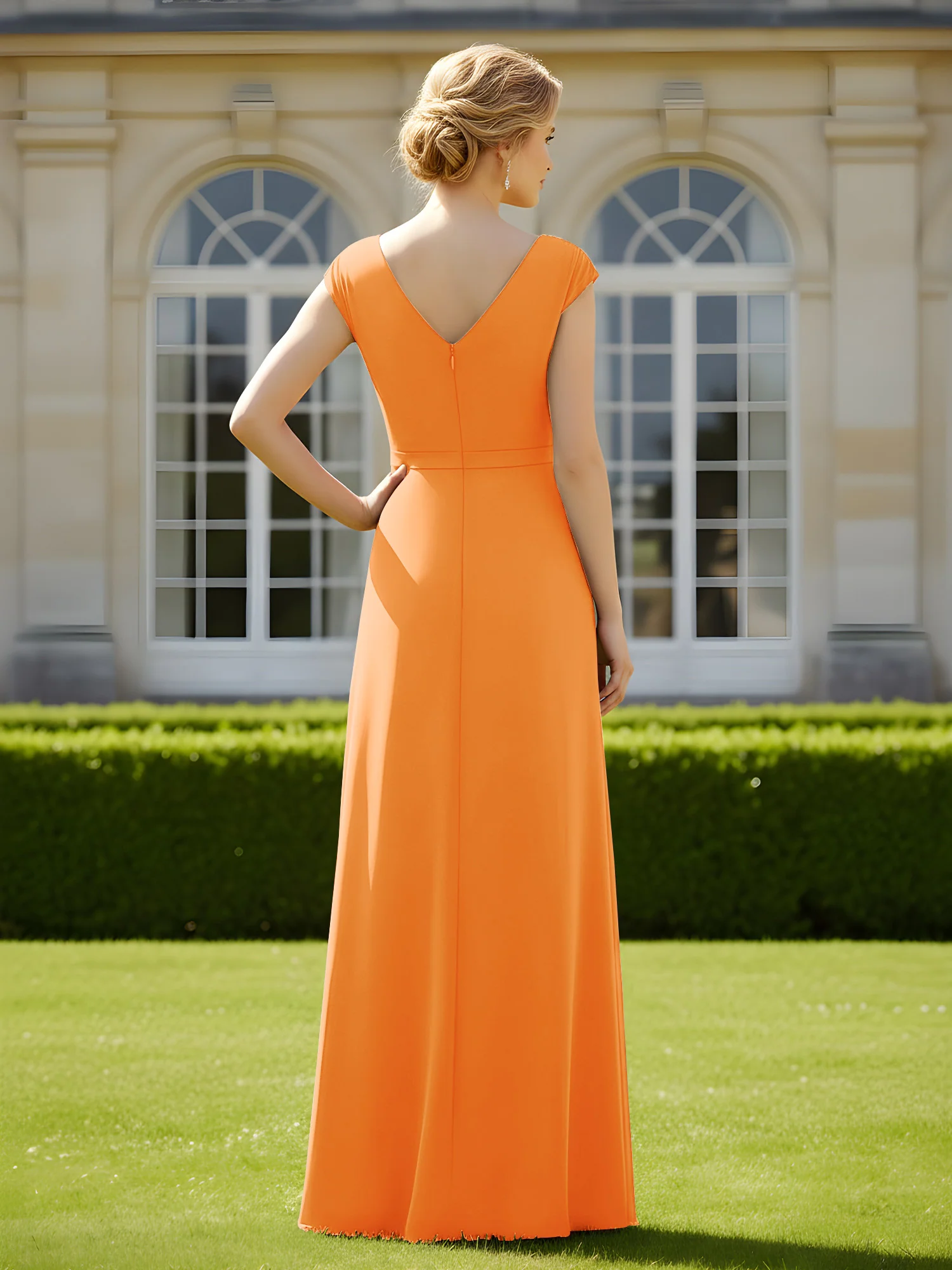 Beaded V-neck Pleated Chiffon A-Line Sequins Dress Orange - Image 2