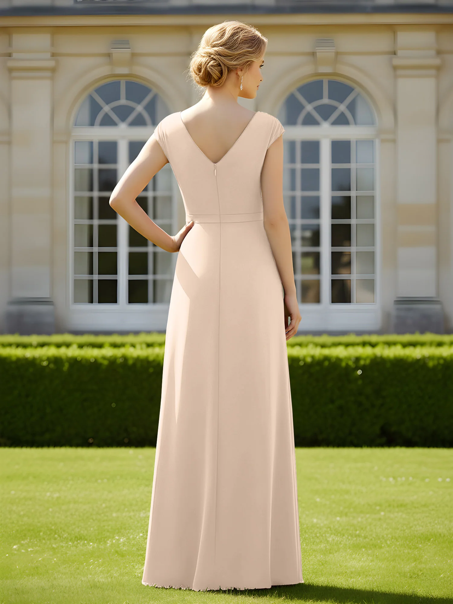 Beaded V-neck Pleated Chiffon A-Line Sequins Dress Peach - Image 2