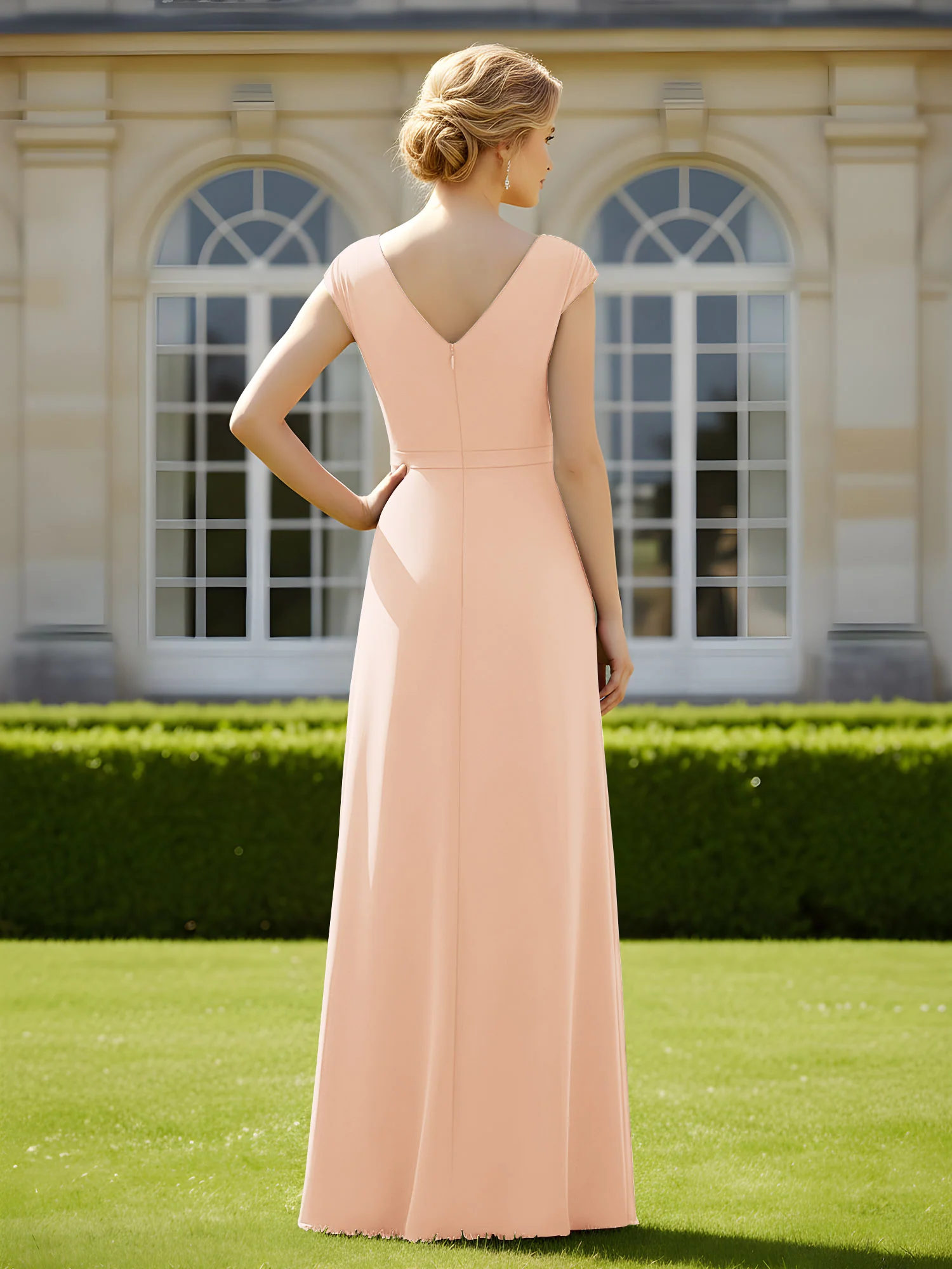 Beaded V-neck Pleated Chiffon A-Line Sequins Dress Pearl Pink - Image 2