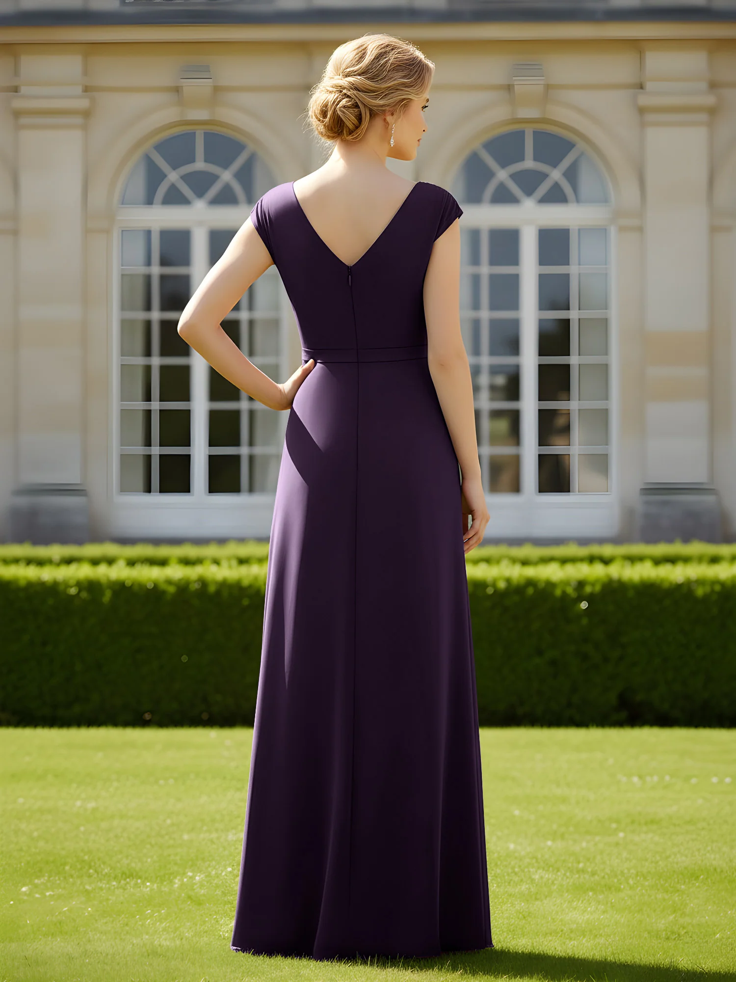 Beaded V-neck Pleated Chiffon A-Line Sequins Dress Plum - Image 2