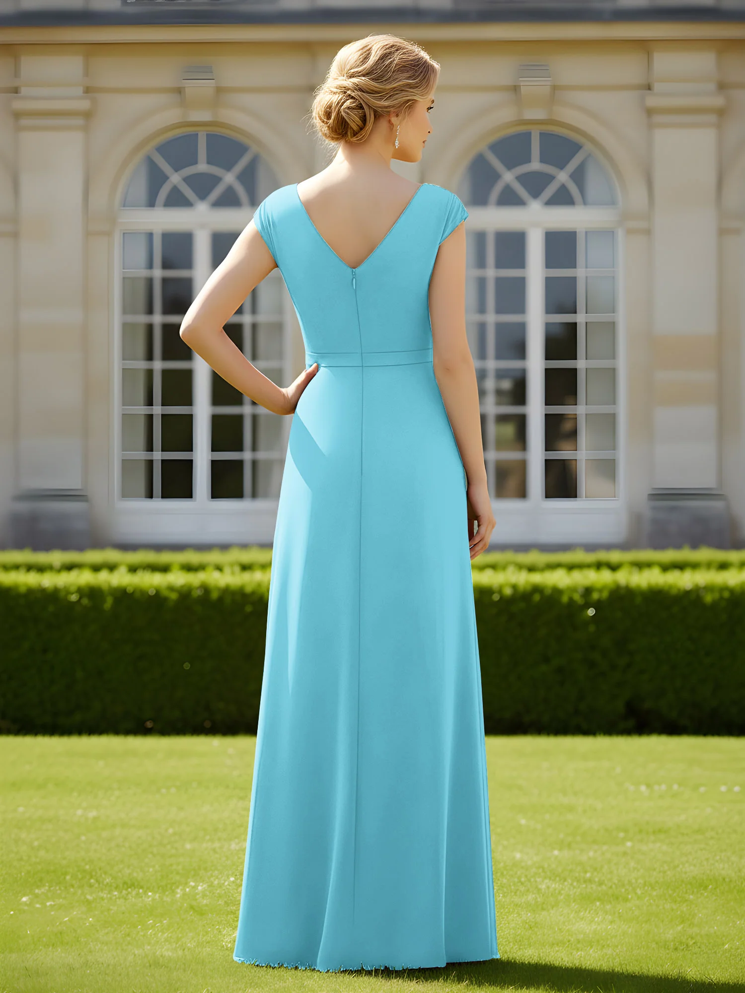 Beaded V-neck Pleated Chiffon A-Line Sequins Dress Pool - Image 2