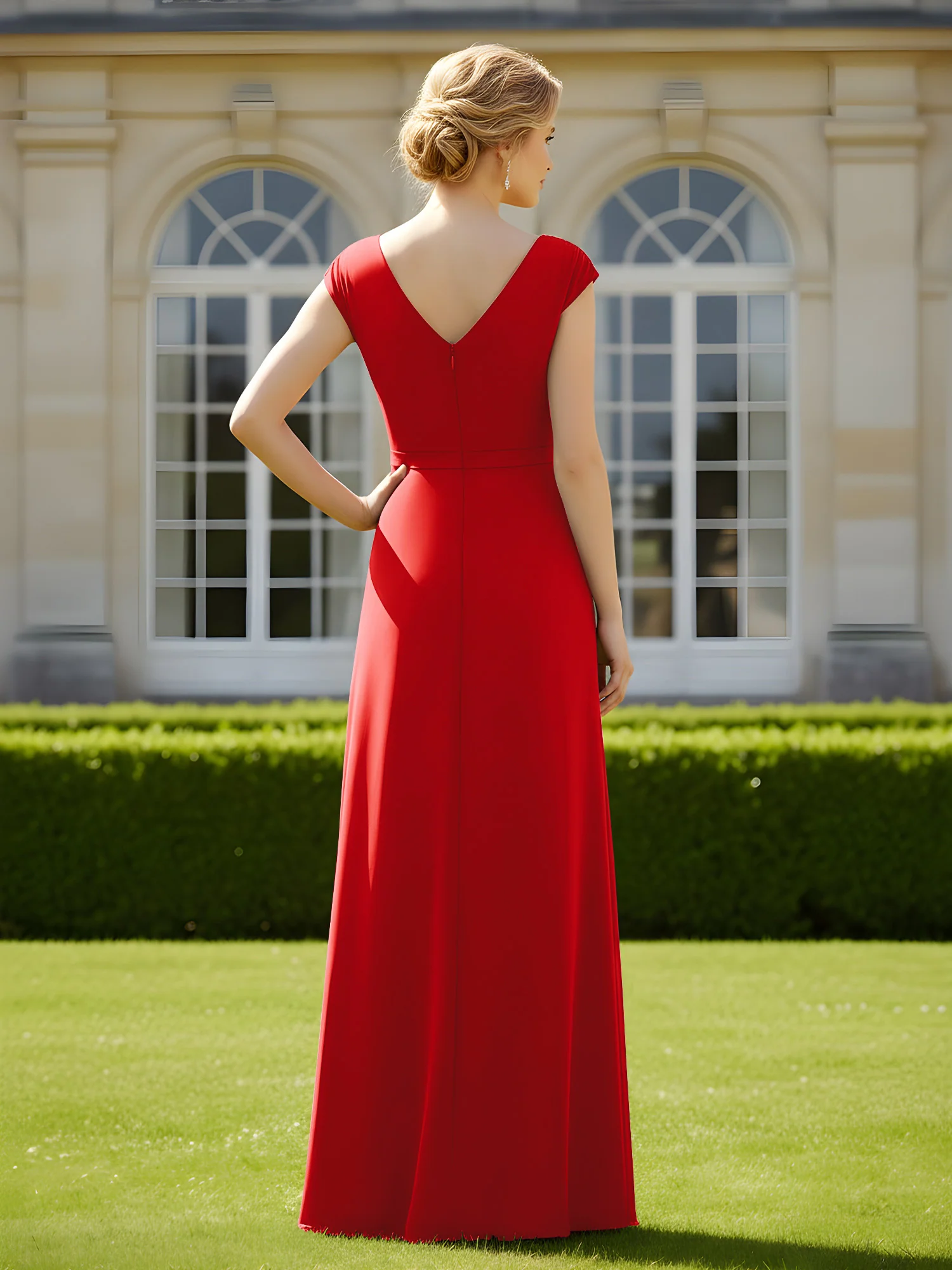 Beaded V-neck Pleated Chiffon A-Line Sequins Dress Red - Image 2